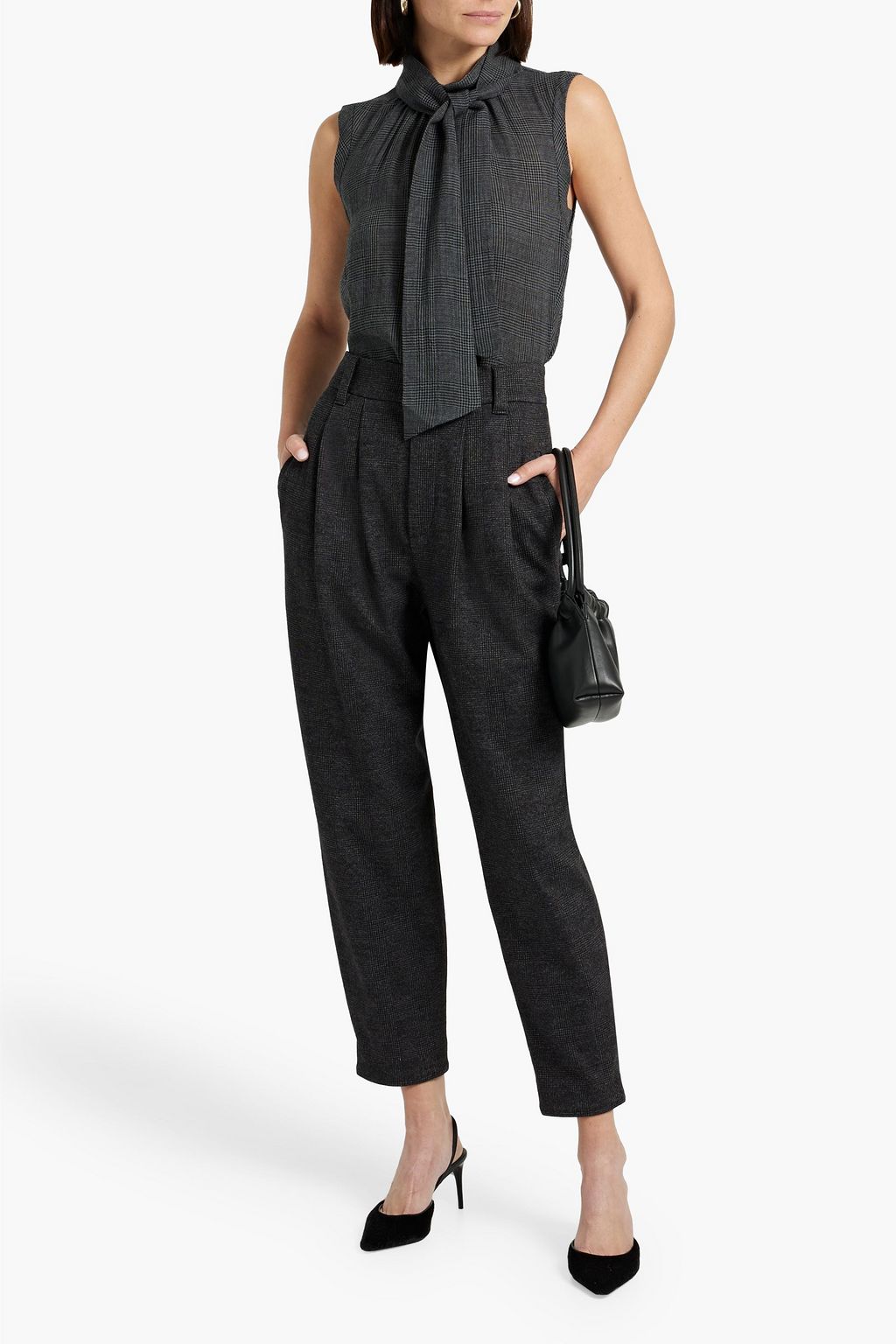 BRUNELLO CUCINELLI Bead-embellished checked wool-tweed top