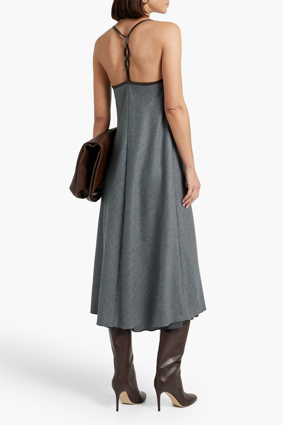 Shop Brunello Cucinelli Bead-embellished Flannel Midi Dress In Dark Gray