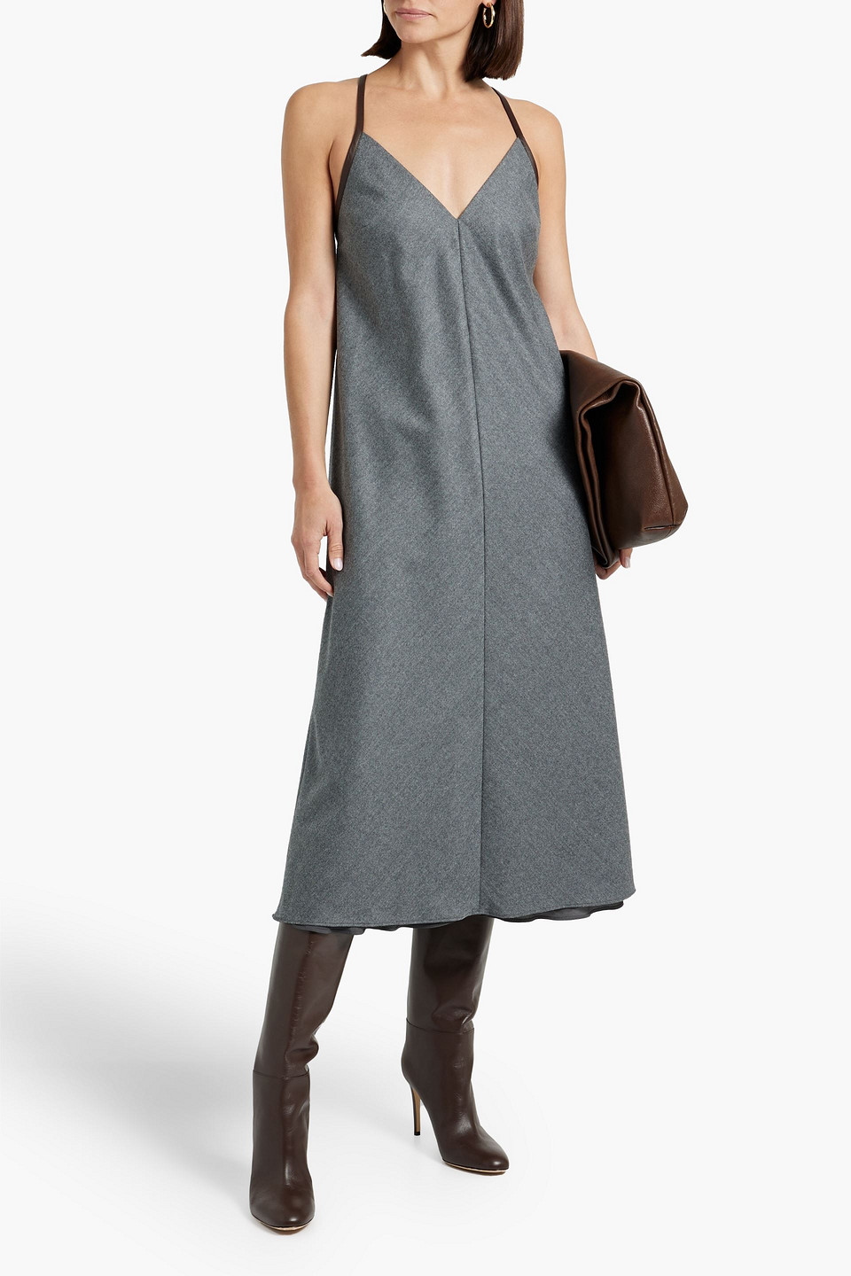 Shop Brunello Cucinelli Bead-embellished Flannel Midi Dress In Dark Gray