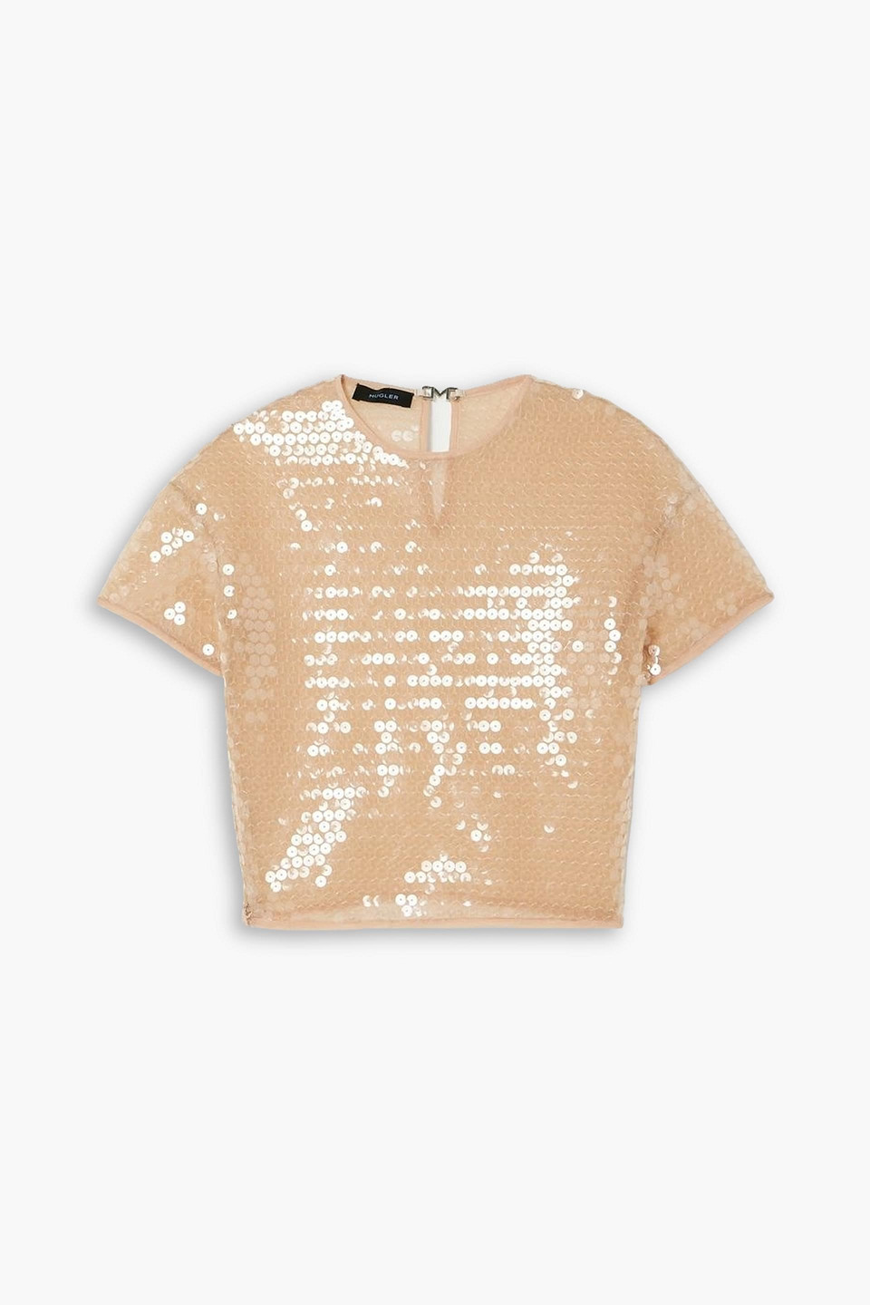 Mugler Cropped Sequined Stretch-tulle Top In Neutral