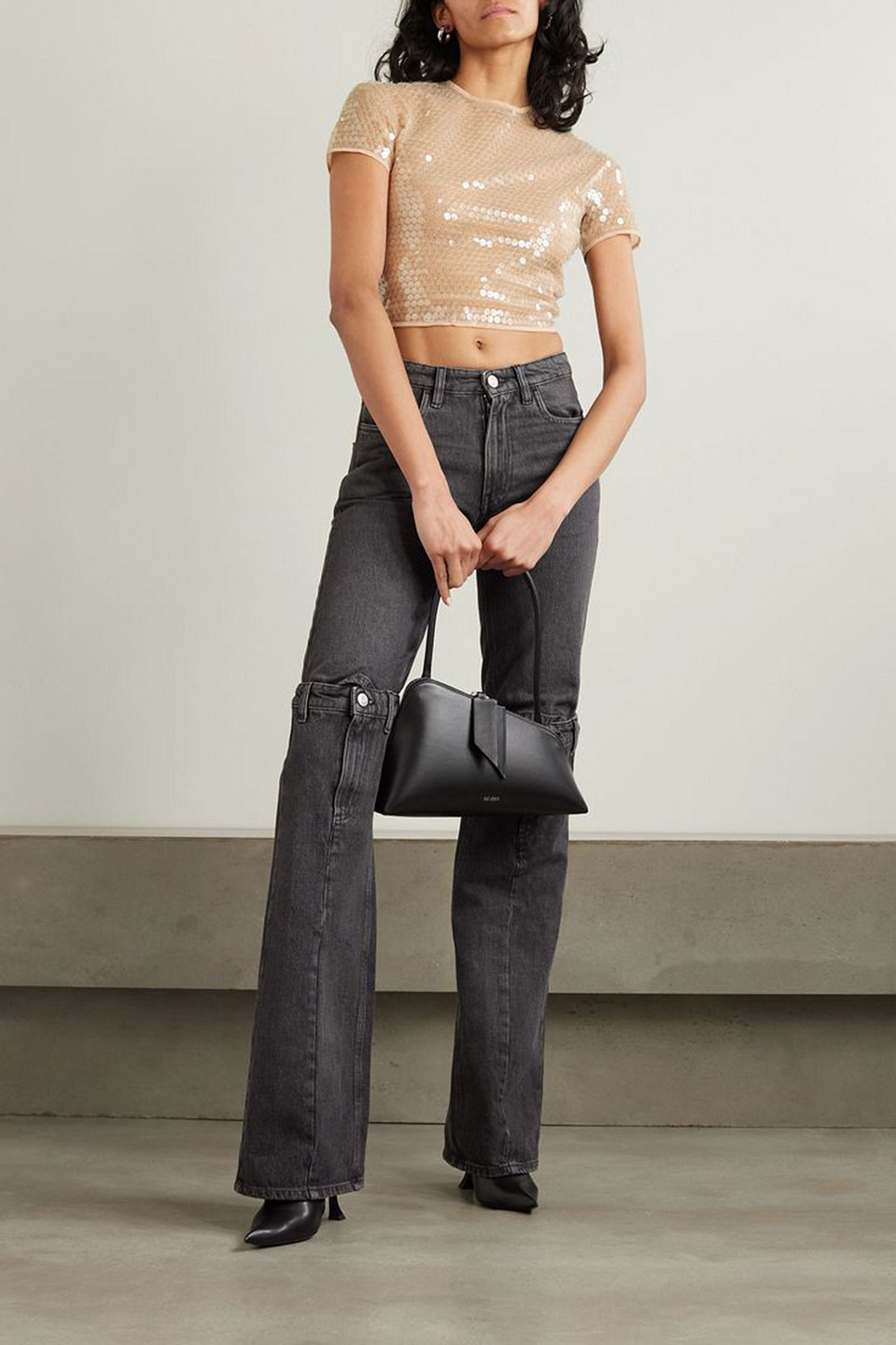 Mugler Cropped Sequined Stretch-tulle Top In Neutral