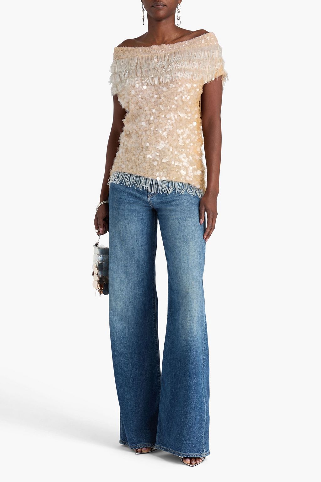 RABANNE Fringed embellished tulle top