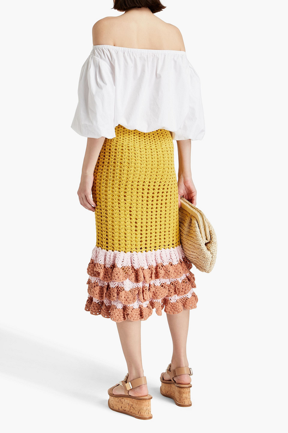 Shop Zimmermann Tiered Crocheted Cotton Midi Skirt In Mustard