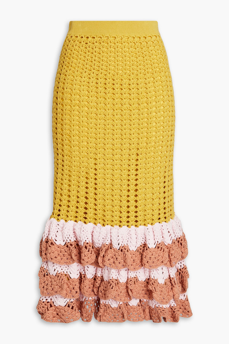 Zimmermann Laurel Tiered Crochet-knit Cotton Midi Skirt In Mustard