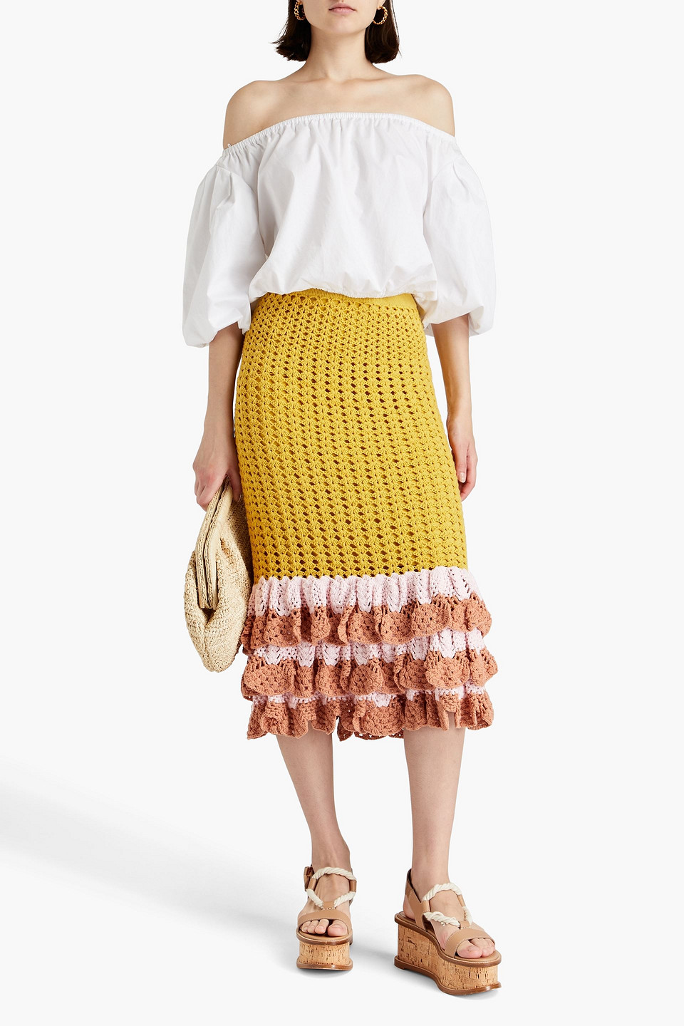 Shop Zimmermann Tiered Crocheted Cotton Midi Skirt In Mustard