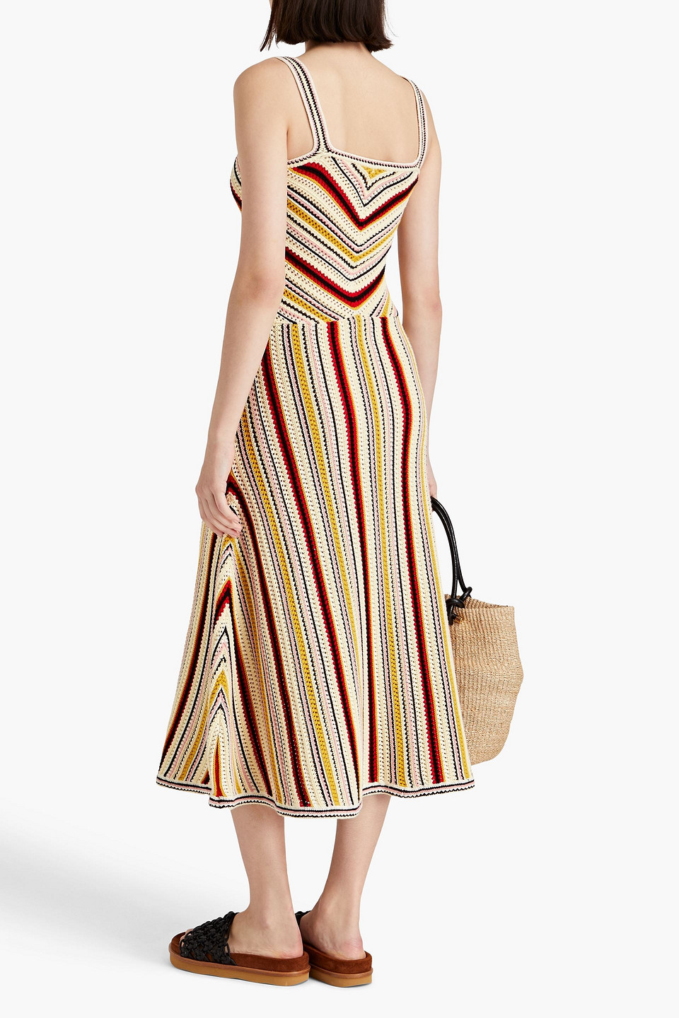 Shop Zimmermann Striped Crochet-knit Cotton Midi Dress In Pastel Yellow