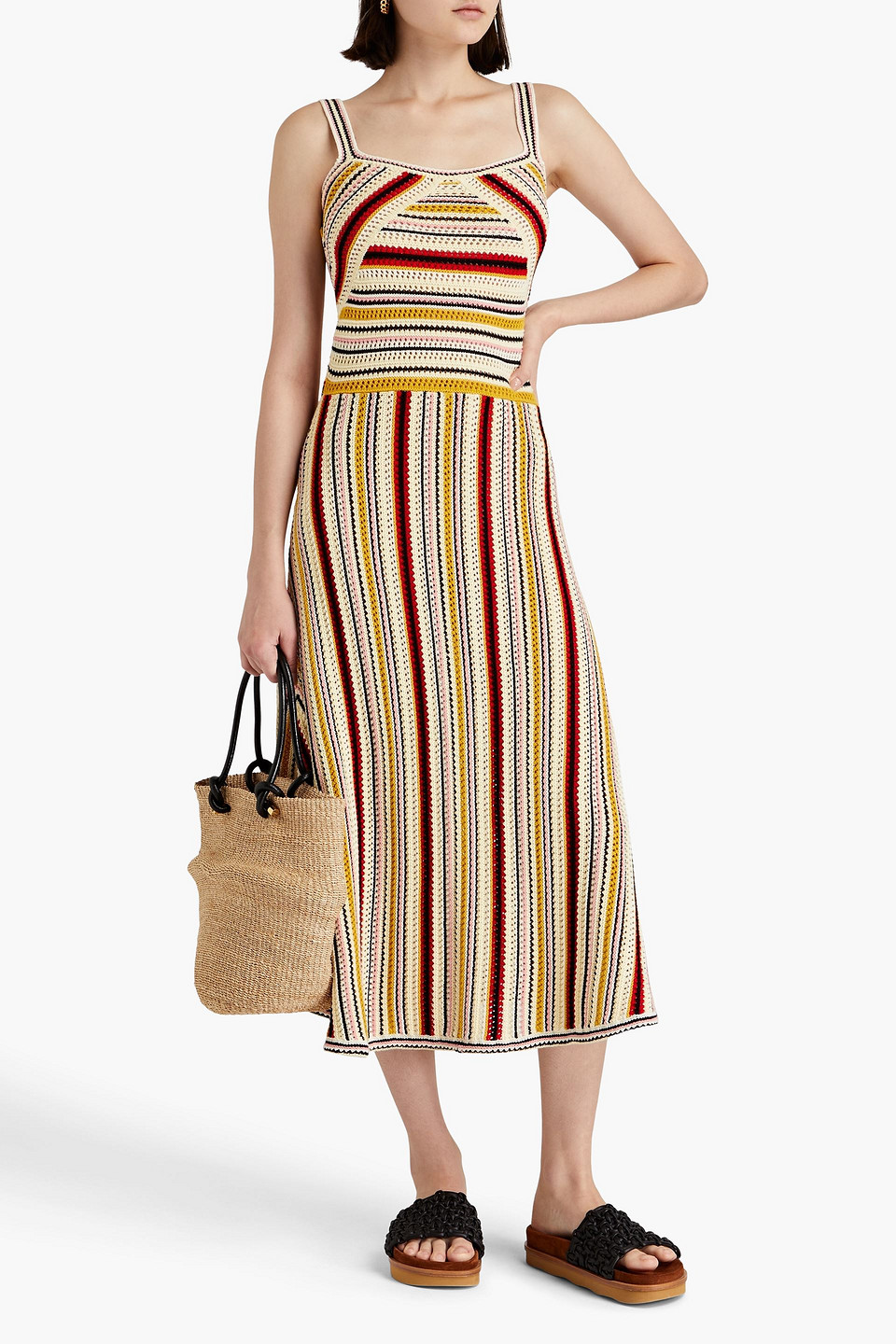 Shop Zimmermann Striped Crochet-knit Cotton Midi Dress In Pastel Yellow