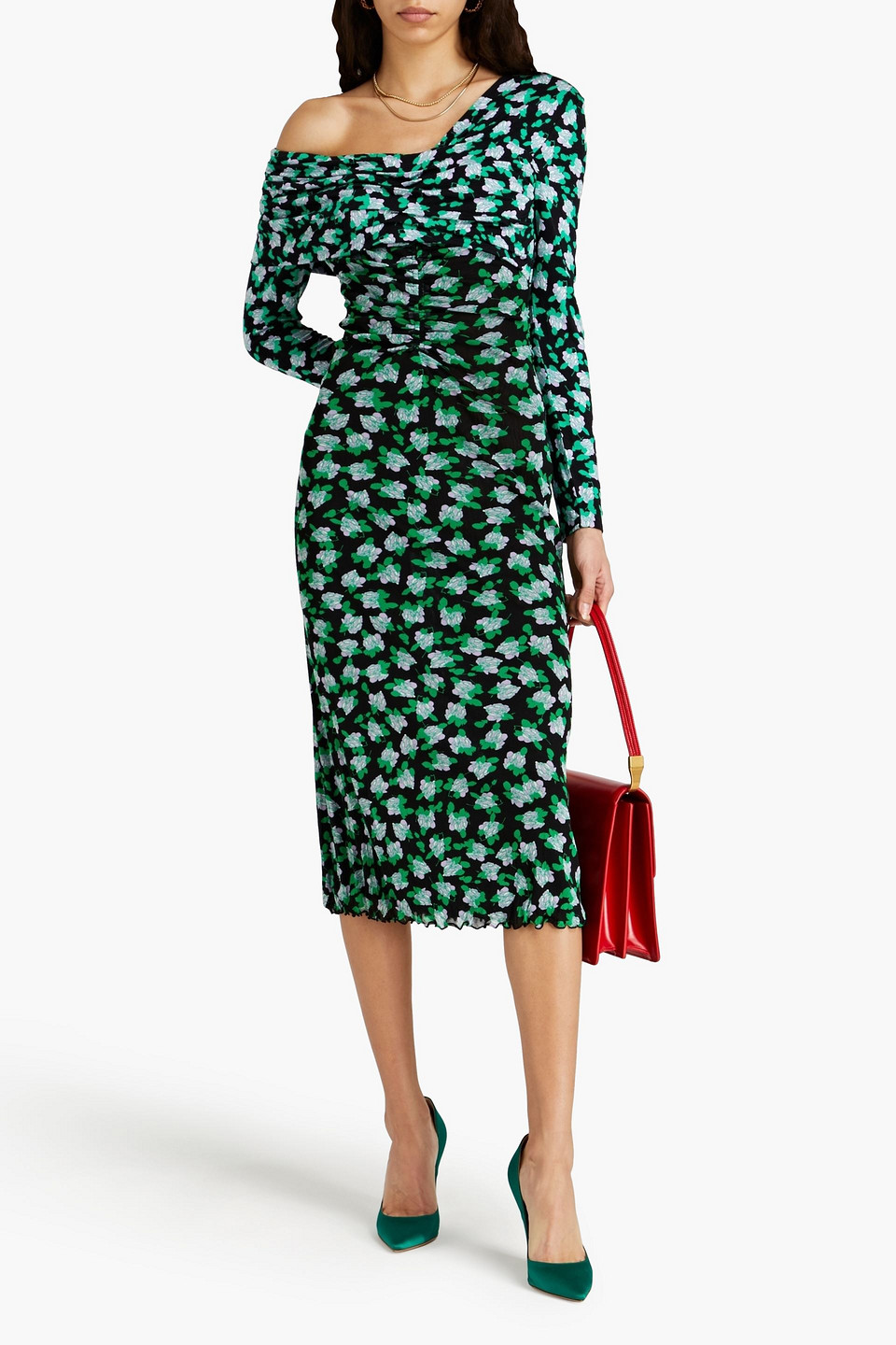 Shop Diane Von Furstenberg Leia One-shoulder Floral-print Jersey And Stretch-mesh Midi Dress In Green