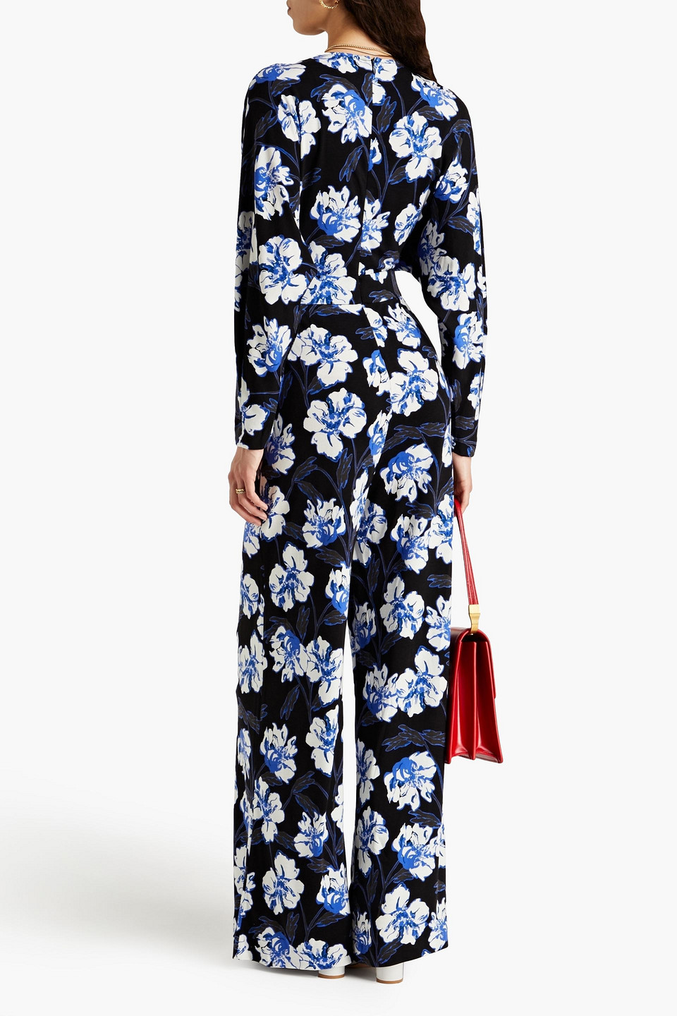 Shop Diane Von Furstenberg Fanny Floral-print Lyocell And Wool-blend Jersey Wide-leg Jumpsuit In Blue