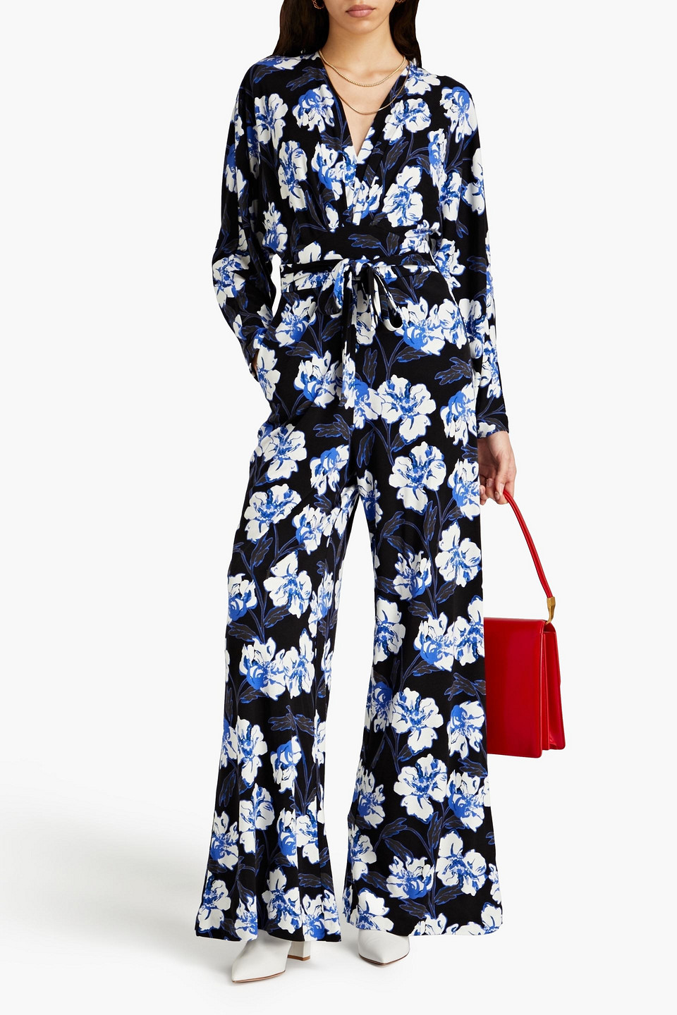 Shop Diane Von Furstenberg Fanny Floral-print Lyocell And Wool-blend Jersey Wide-leg Jumpsuit In Blue