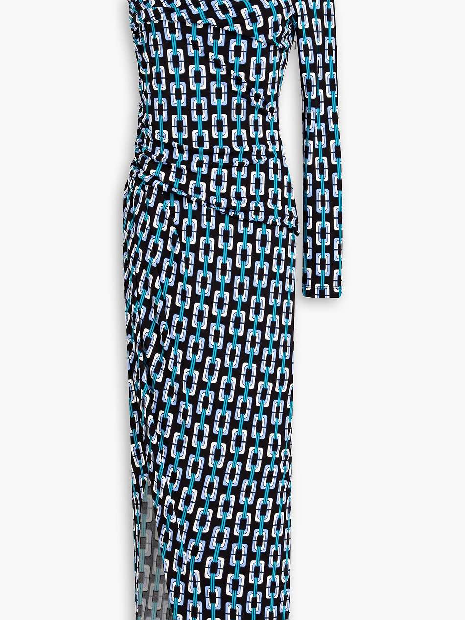 kitana one-sleeve ruched printed jersey maxi dress