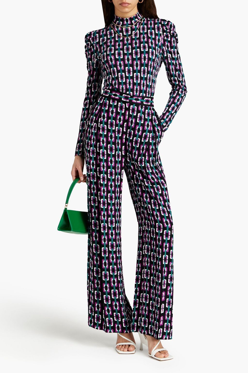 DIANE VON FURSTENBERG بلوزة «دوحة» بياقة عالية من الجيرسي المصنوع من مزيج الصوف واللايوسيل بتأثير مزموم ومزينة بطبعات