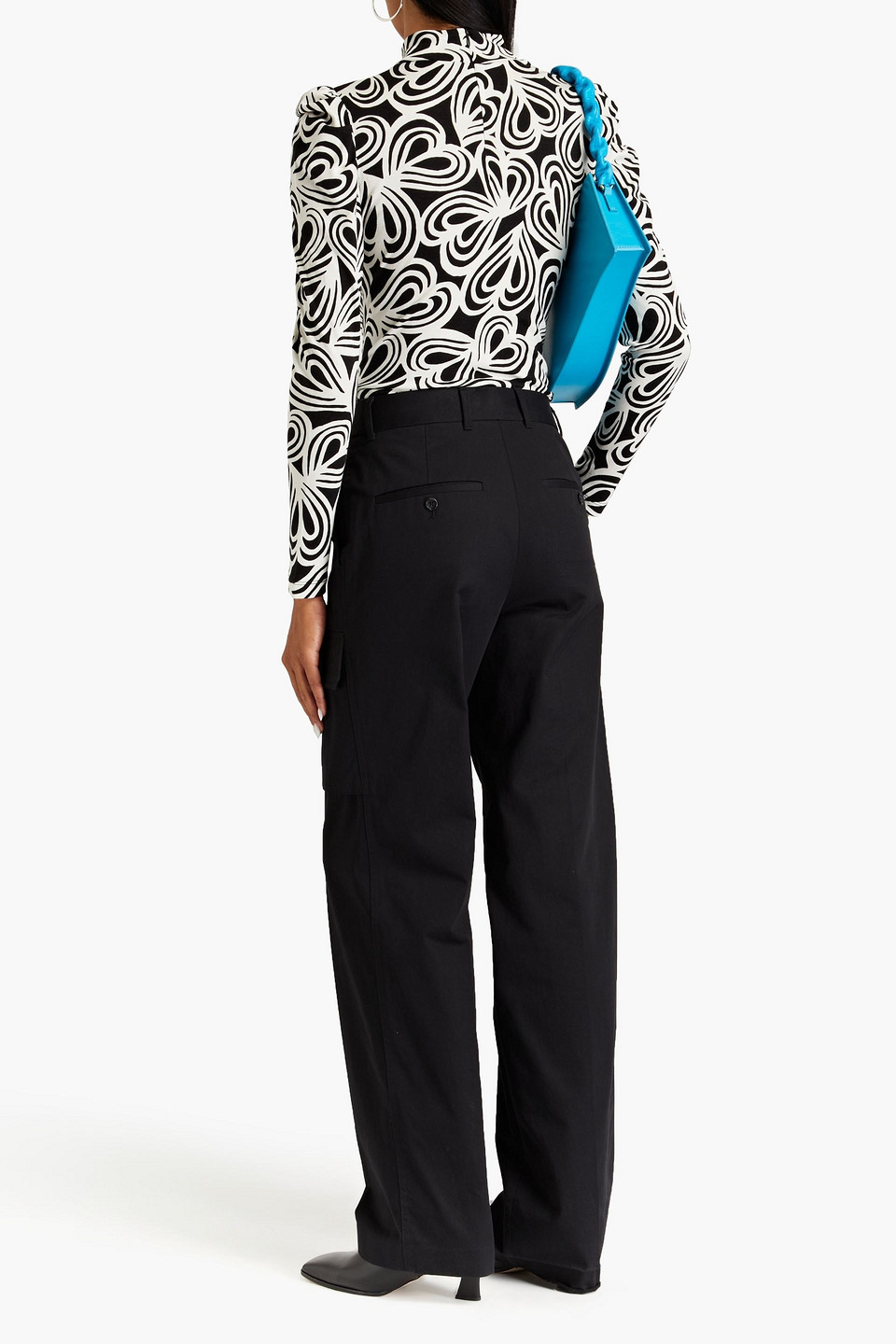 Shop Diane Von Furstenberg Doha Ruched Printed Lyocell And Wool-blend Jersey Turtleneck Top In Black