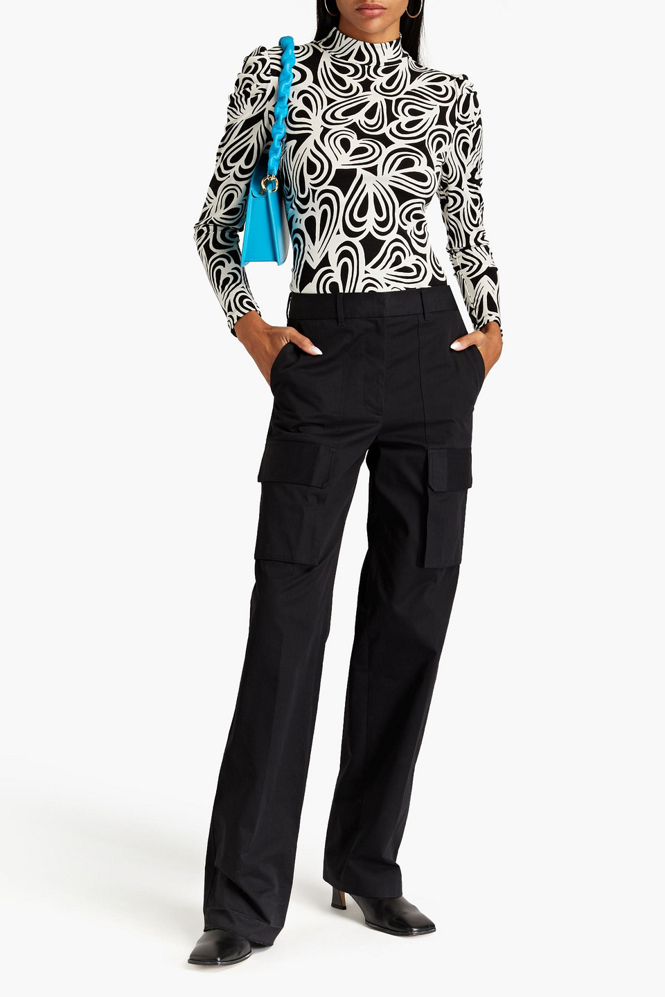 Shop Diane Von Furstenberg Doha Ruched Printed Lyocell And Wool-blend Jersey Turtleneck Top In Black