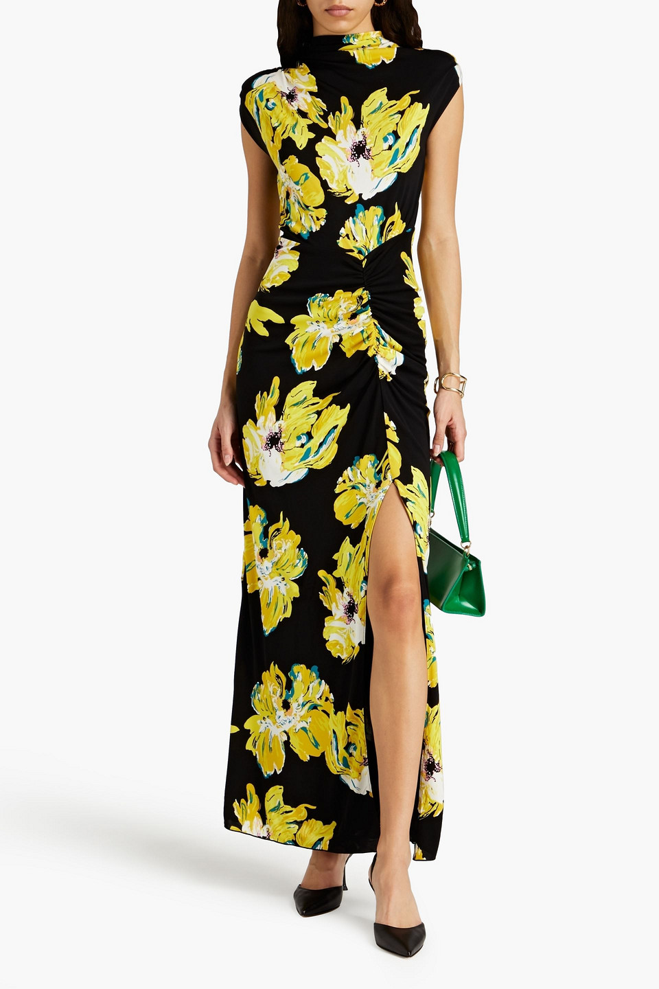 Shop Diane Von Furstenberg Apollo Ruched Floral-print Jersey Maxi Dress In Yellow