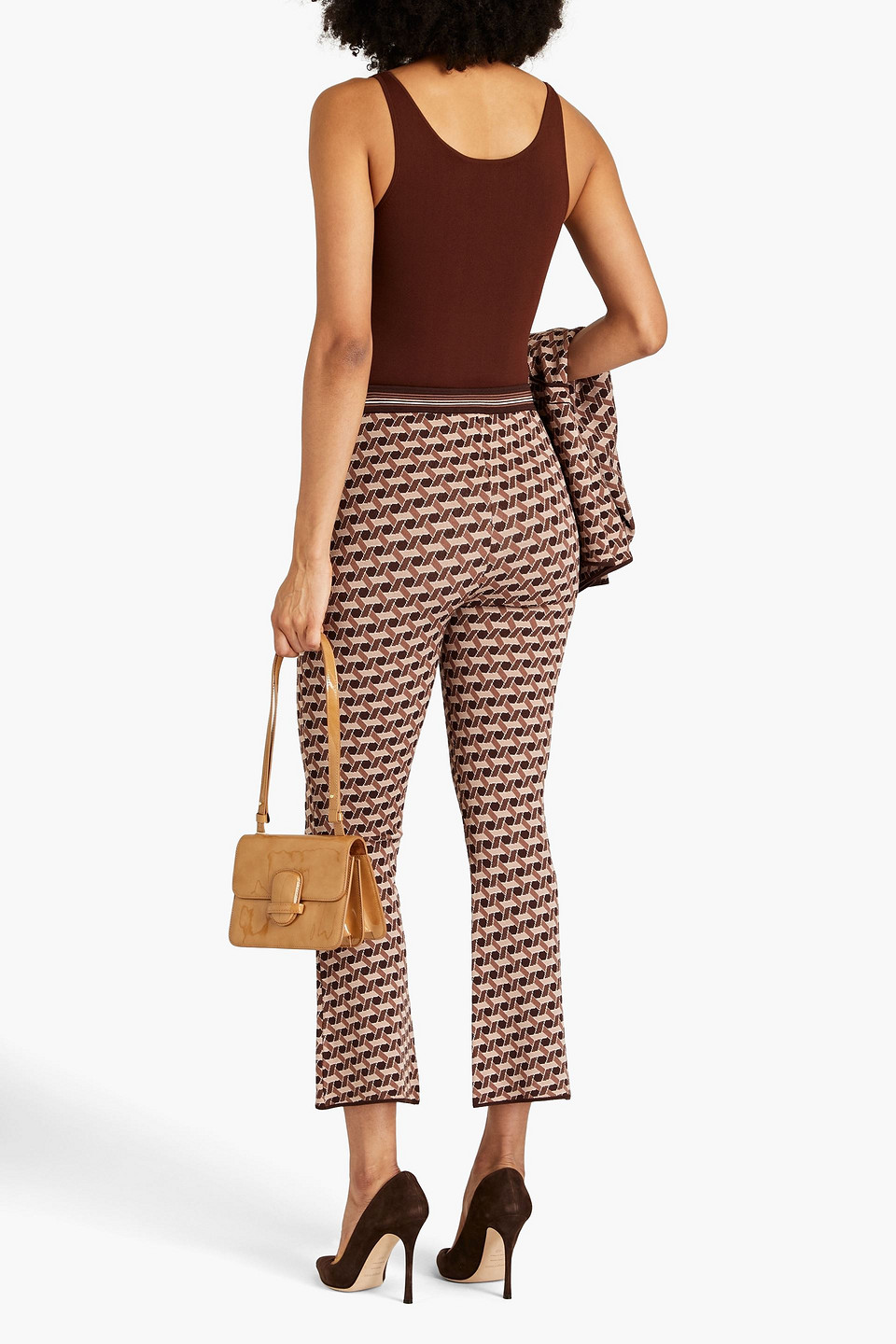 Shop Diane Von Furstenberg Juno Cropped Jacquard-knit Flared Pants In Brown