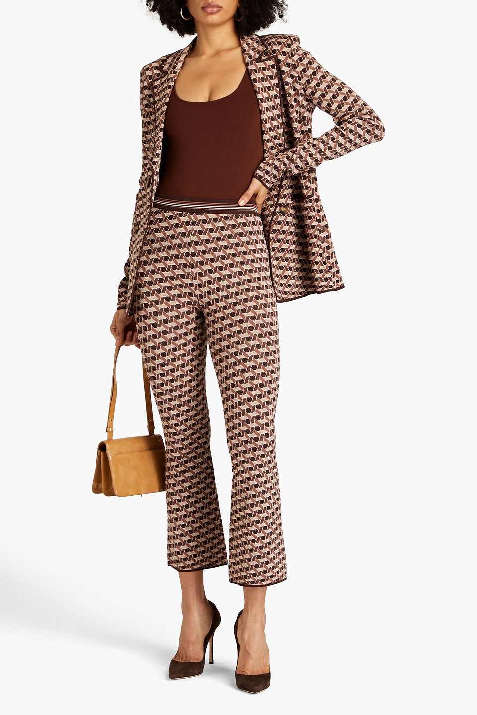 Shop Diane Von Furstenberg Juno Cropped Jacquard-knit Flared Pants In Brown