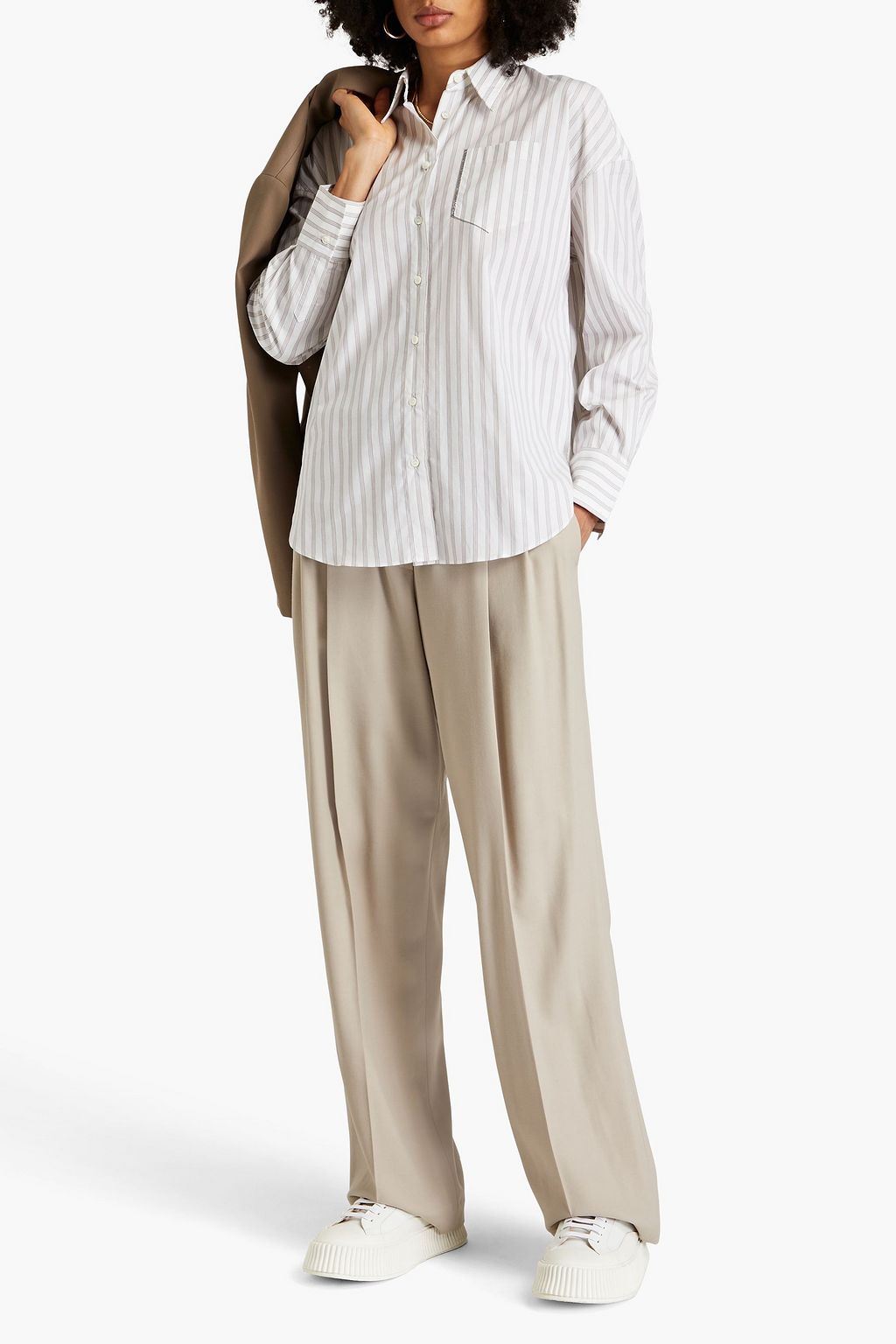 BRUNELLO CUCINELLI Bead-embellished  striped stretch-cotton poplin shirt