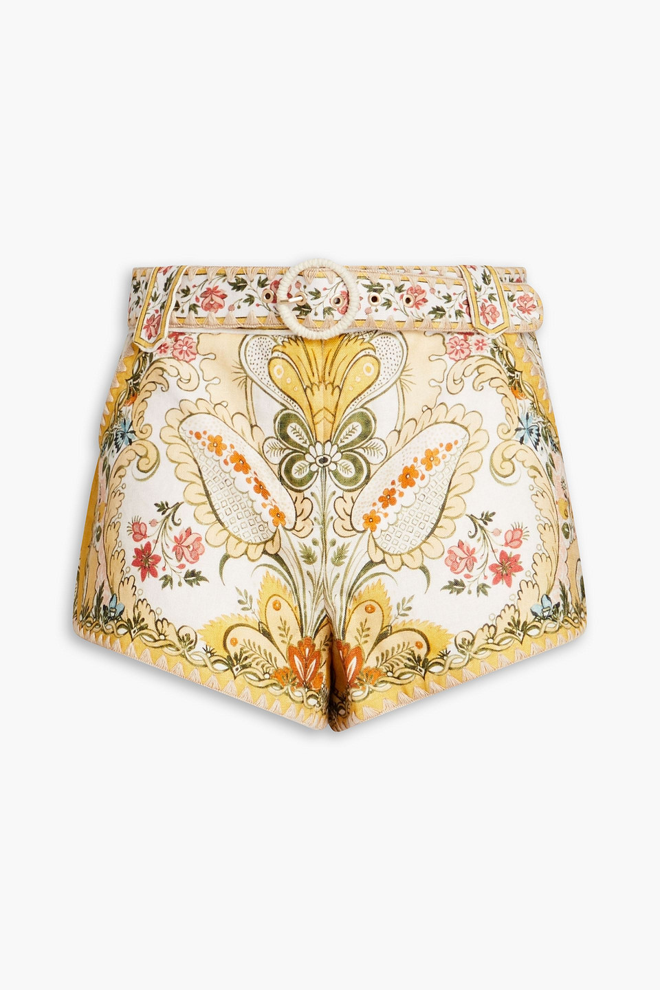 Zimmermann Belted Floral-print Linen Shorts In Yellow