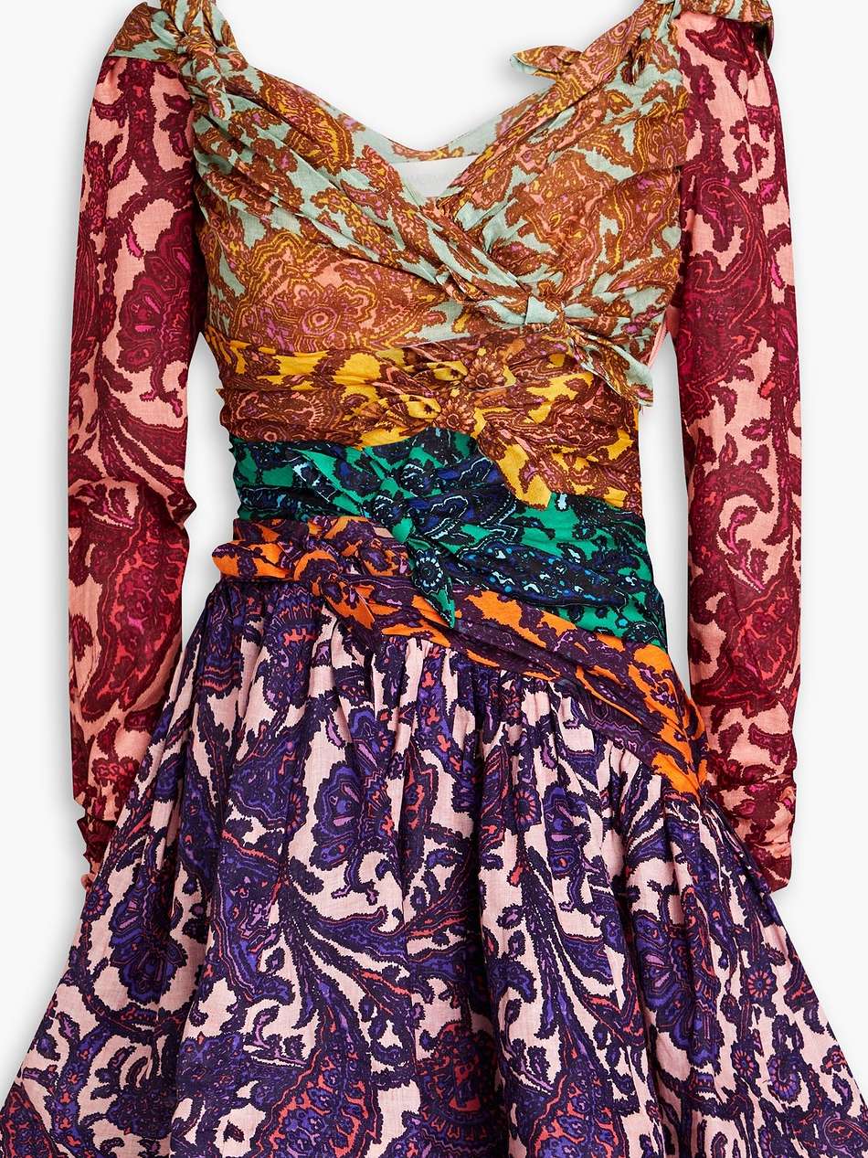 cold-shoulder knotted paisley-print linen mini dress