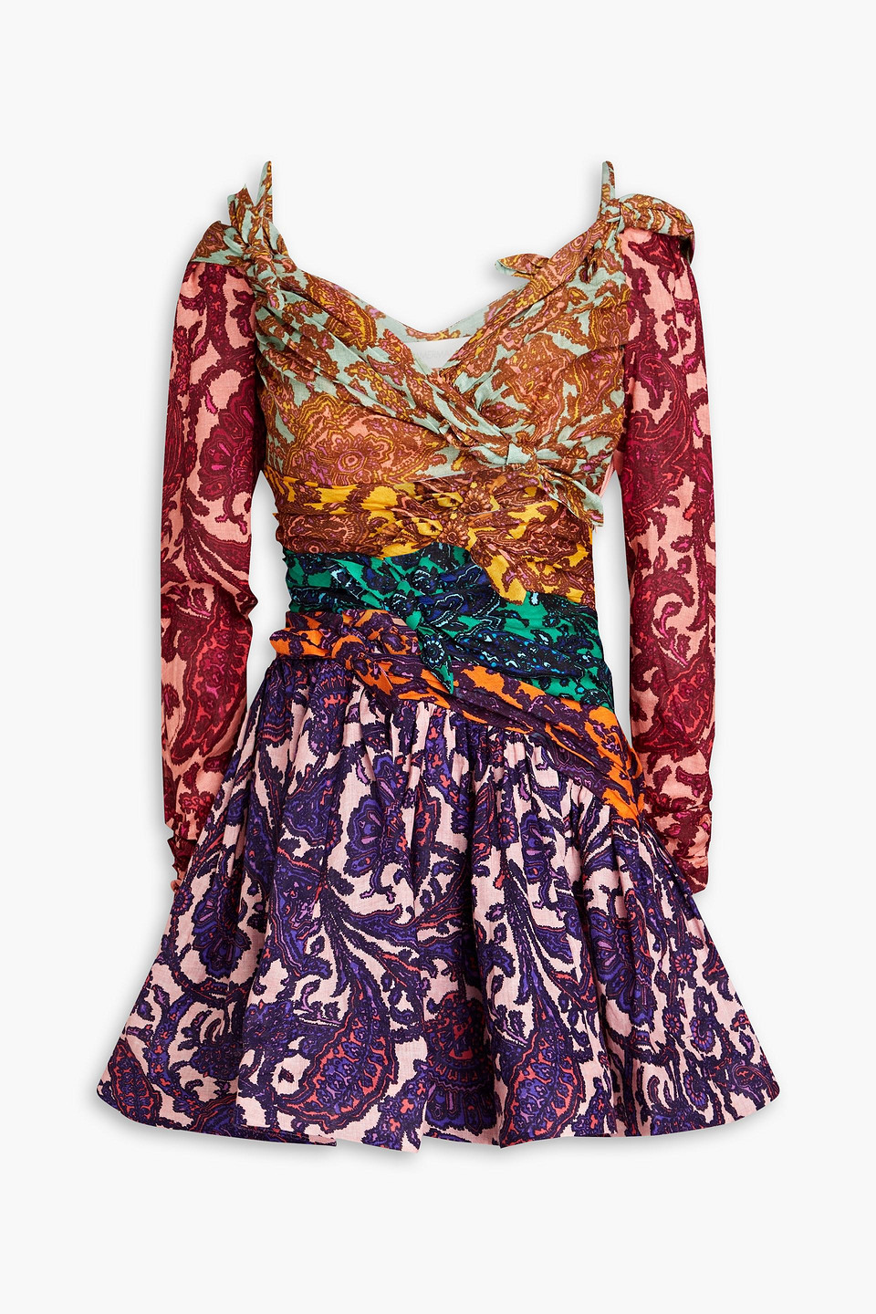 Shop Zimmermann Cold-shoulder Knotted Paisley-print Linen Mini Dress In Multicolor