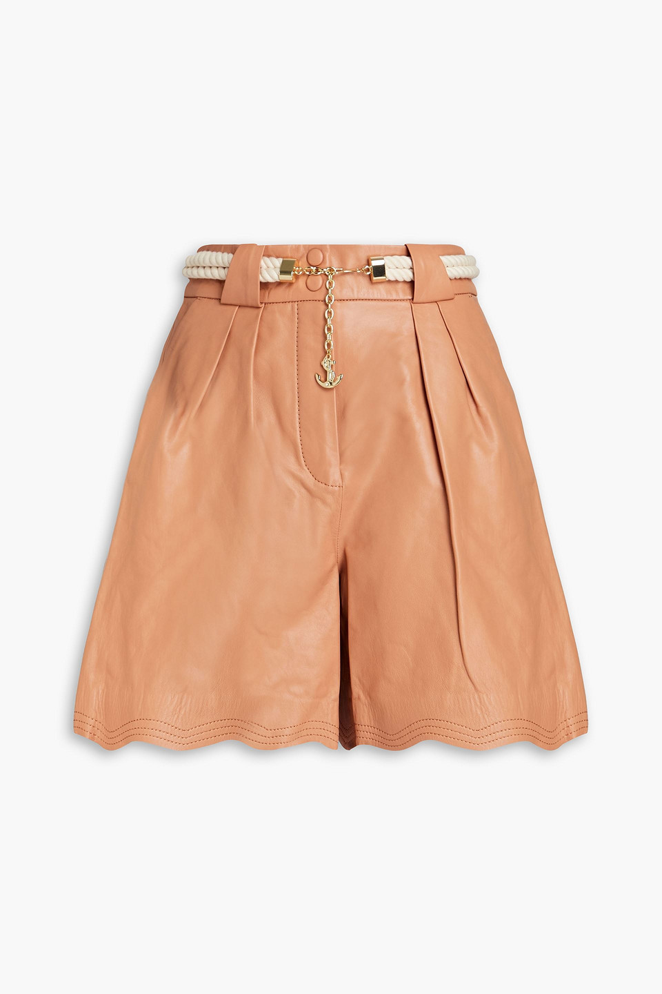 Zimmermann Belted Scalloped Leather Shorts In Brown