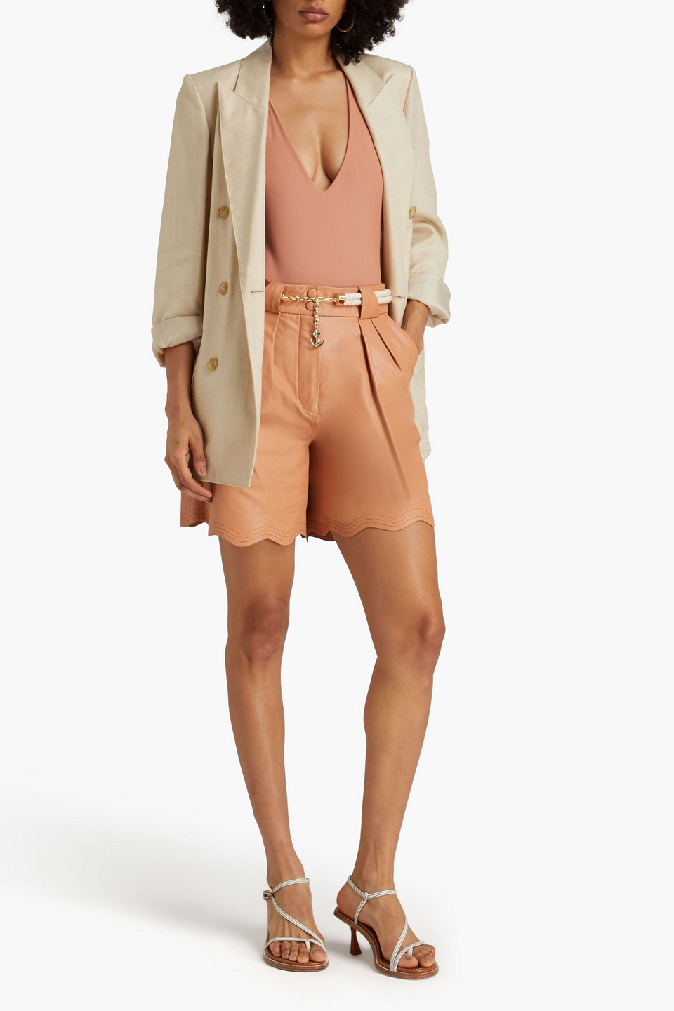 Zimmermann Belted Scalloped Leather Shorts In Neutral