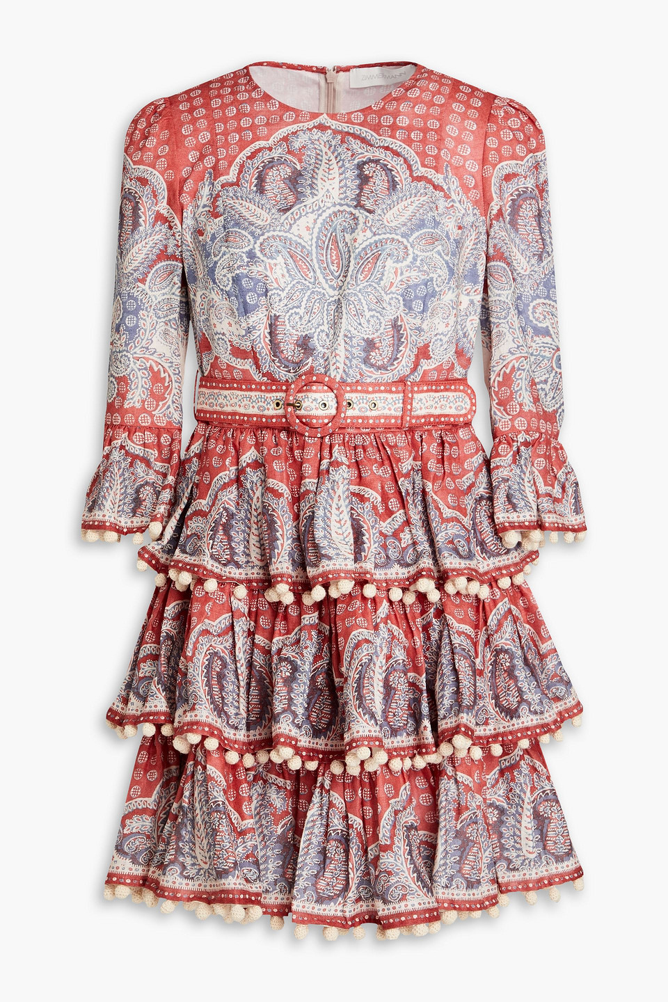 Shop Zimmermann Tiered Paisley-print Linen Mini Dress In Crimson