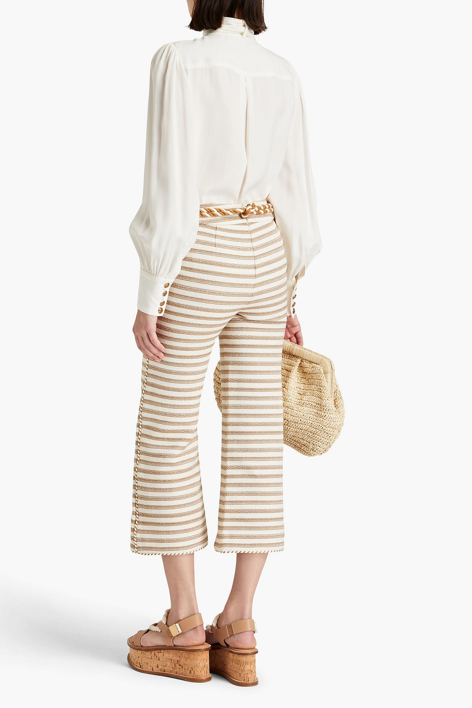 Shop Zimmermann Cropped Striped Cotton-blend Canvas Straight-leg Pants In Camel