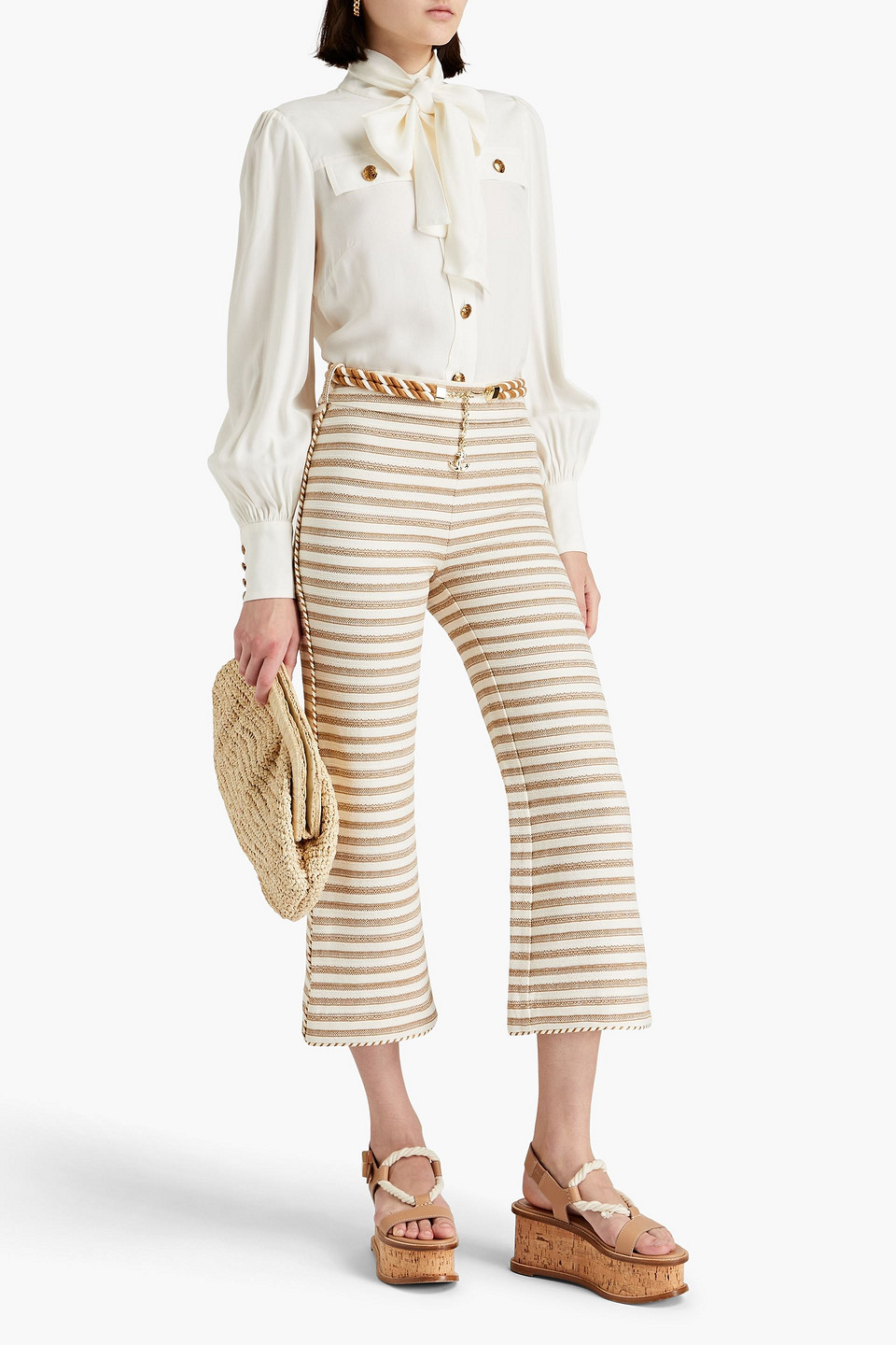 Shop Zimmermann Cropped Striped Cotton-blend Canvas Straight-leg Pants In Camel