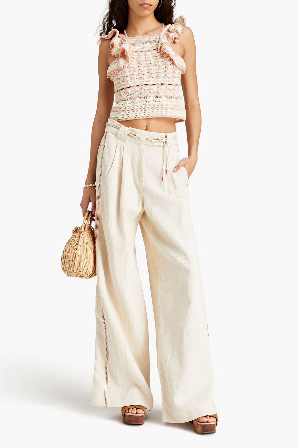 Zimmermann Belted Cotton And Linen-blend Wide-leg Pants In Ecru