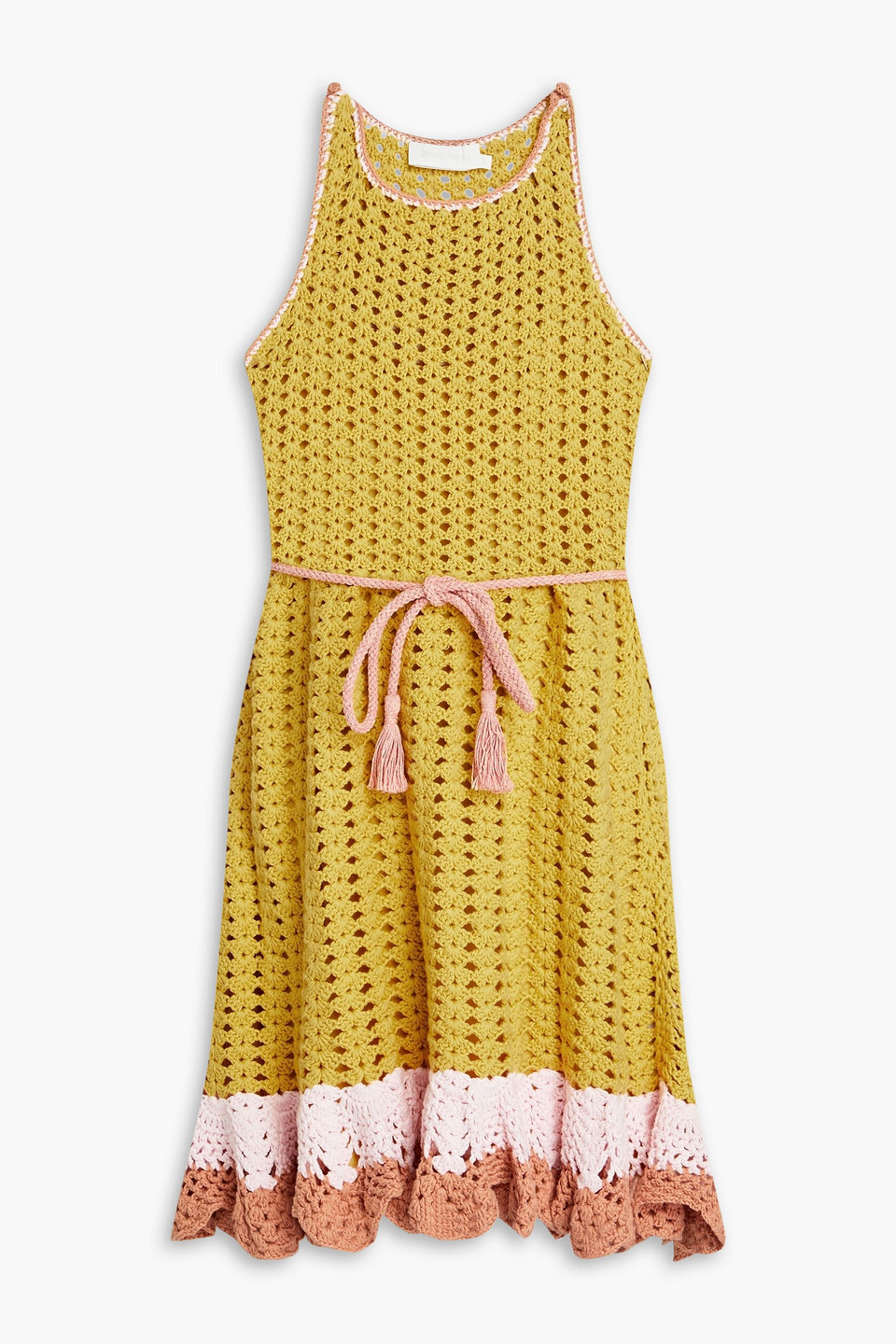 Zimmermann Laurel Colour-block Crochet-knit Cotton Midi Dress In Mustard