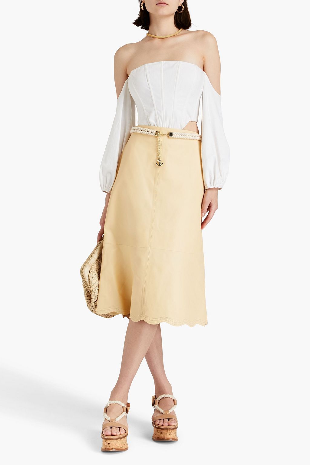 ZIMMERMANN Belted scalloped leather midi skirt