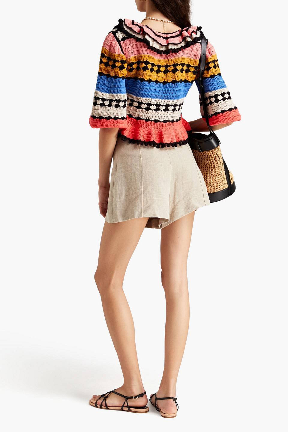 Shop Zimmermann Ruffled Crocheted Cotton Sweater In Multicolor