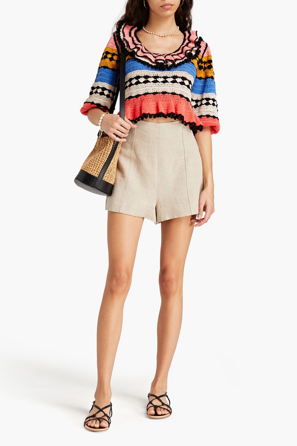 Shop Zimmermann Ruffled Crocheted Cotton Sweater In Multicolor