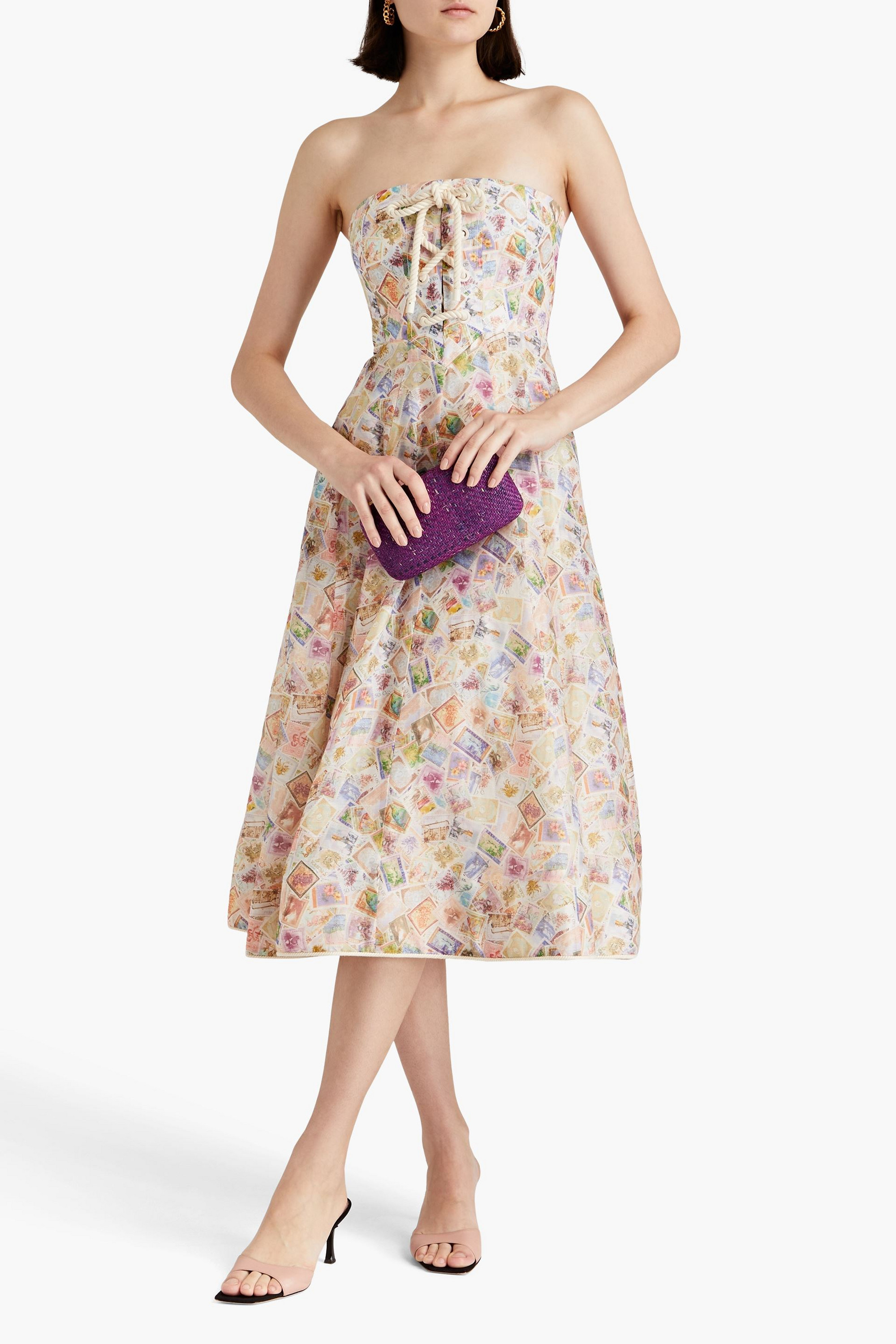 Zimmermann Strapless printed linen and silk-blend gauze midi dress