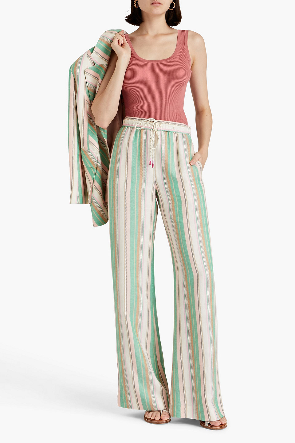 Zimmermann Gathered Striped Twill Wide-leg Pants In Mint