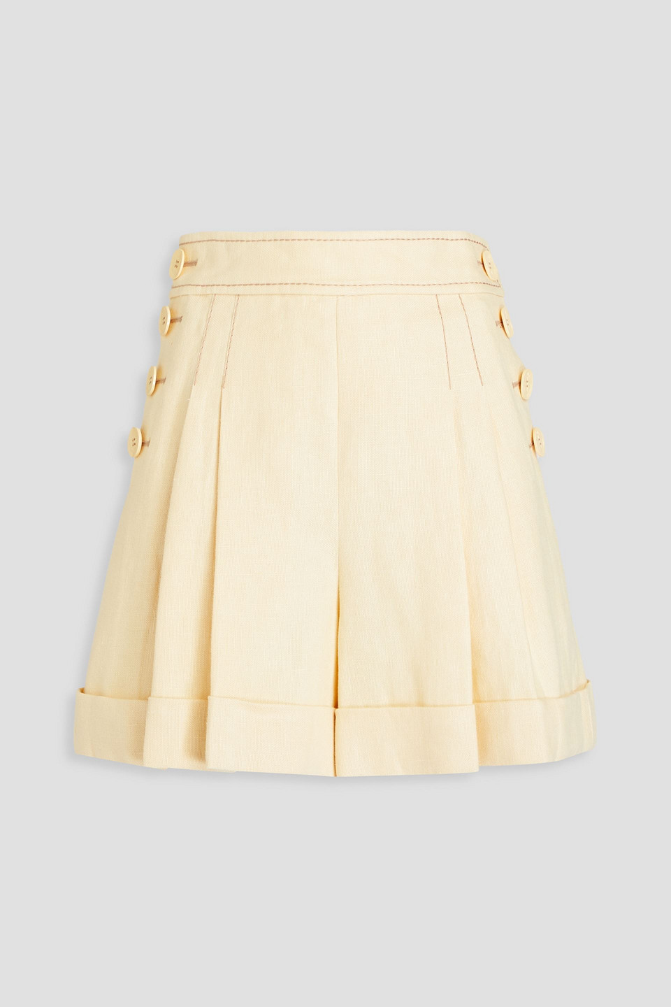 Button-embellished pleated linen shorts