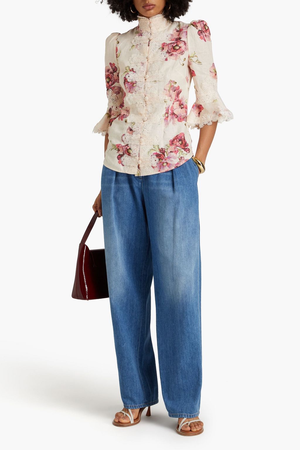 ZIMMERMANN Guipure lace-trimmed floral-print linen blouse