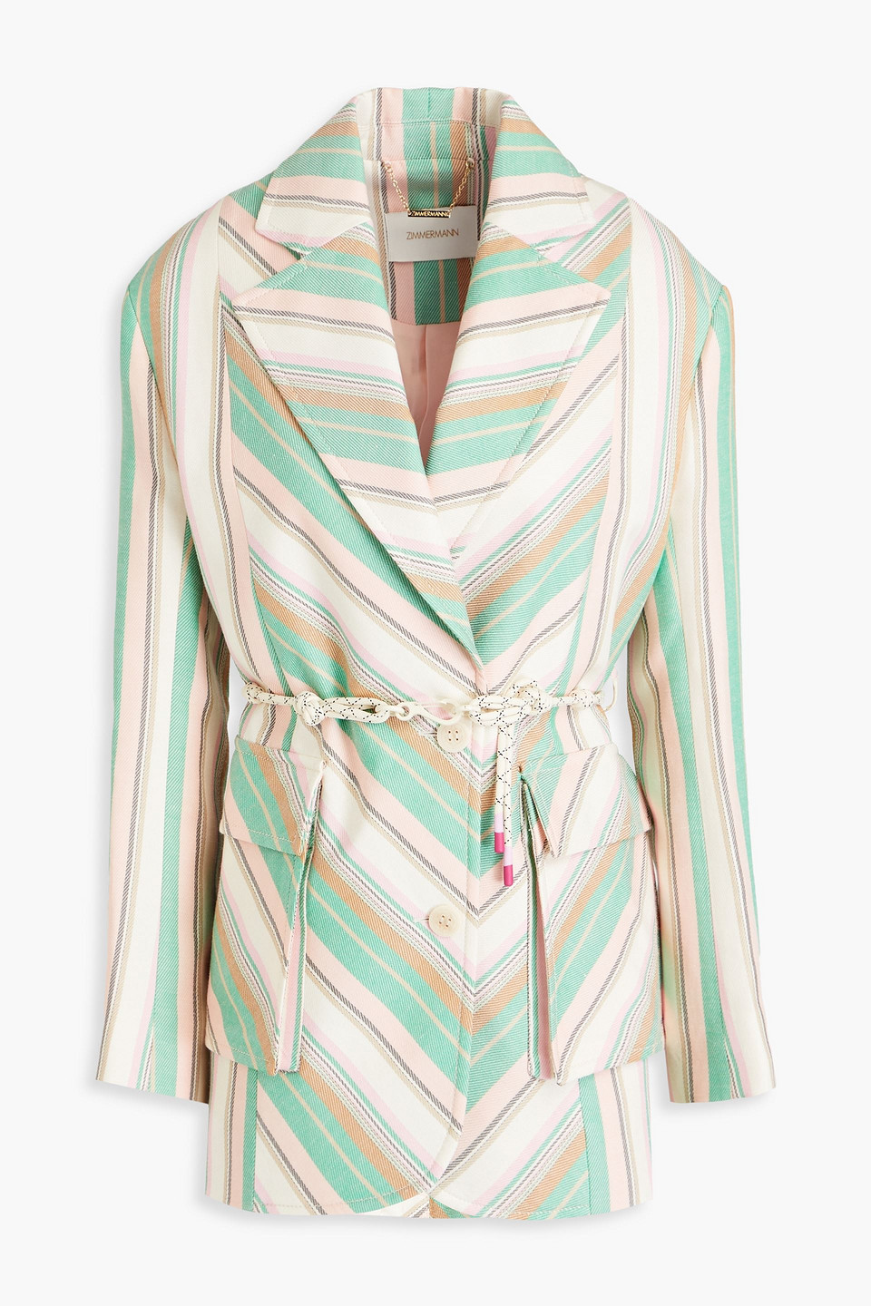 Zimmermann Belted Striped Twill Blazer In Mint