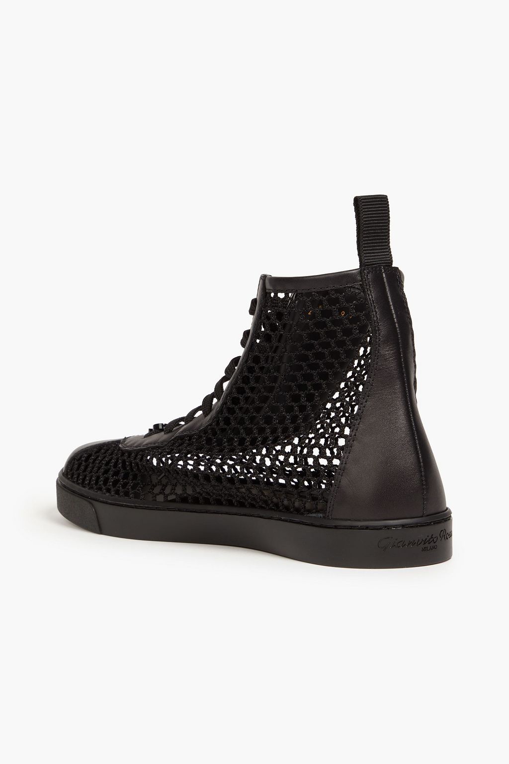 GIANVITO ROSSI Fishnet and leather high-top sneakers
