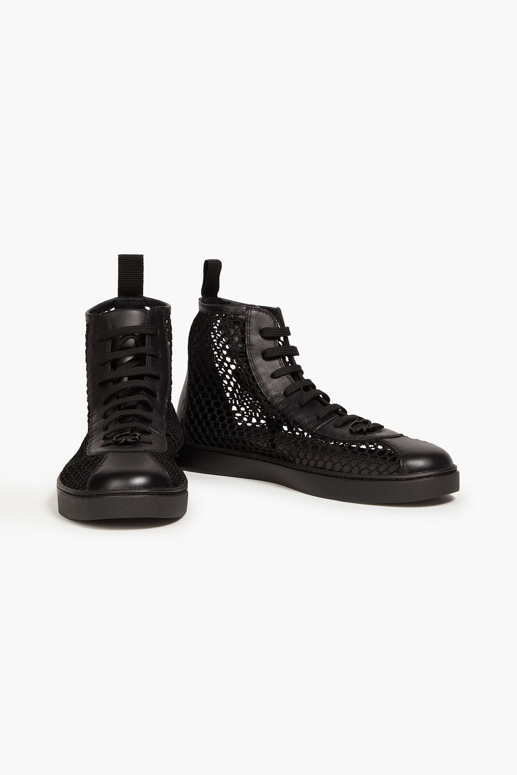 GIANVITO ROSSI Fishnet and leather high-top sneakers