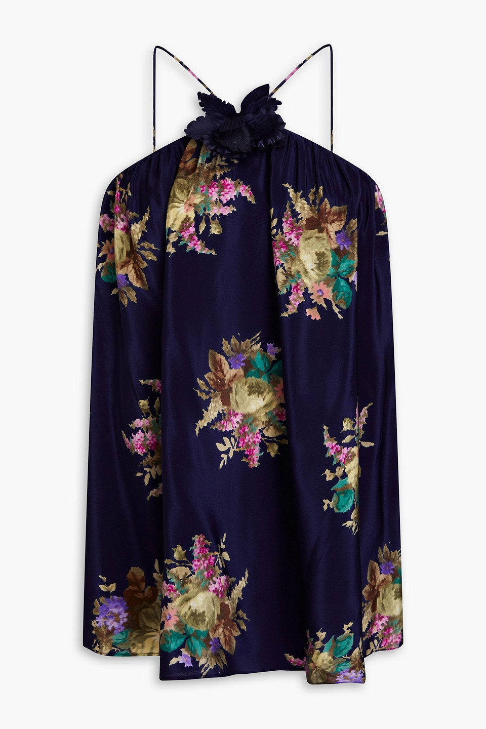 Zimmermann Floral-print Silk Crepe De Chine Halterneck Top In Navy