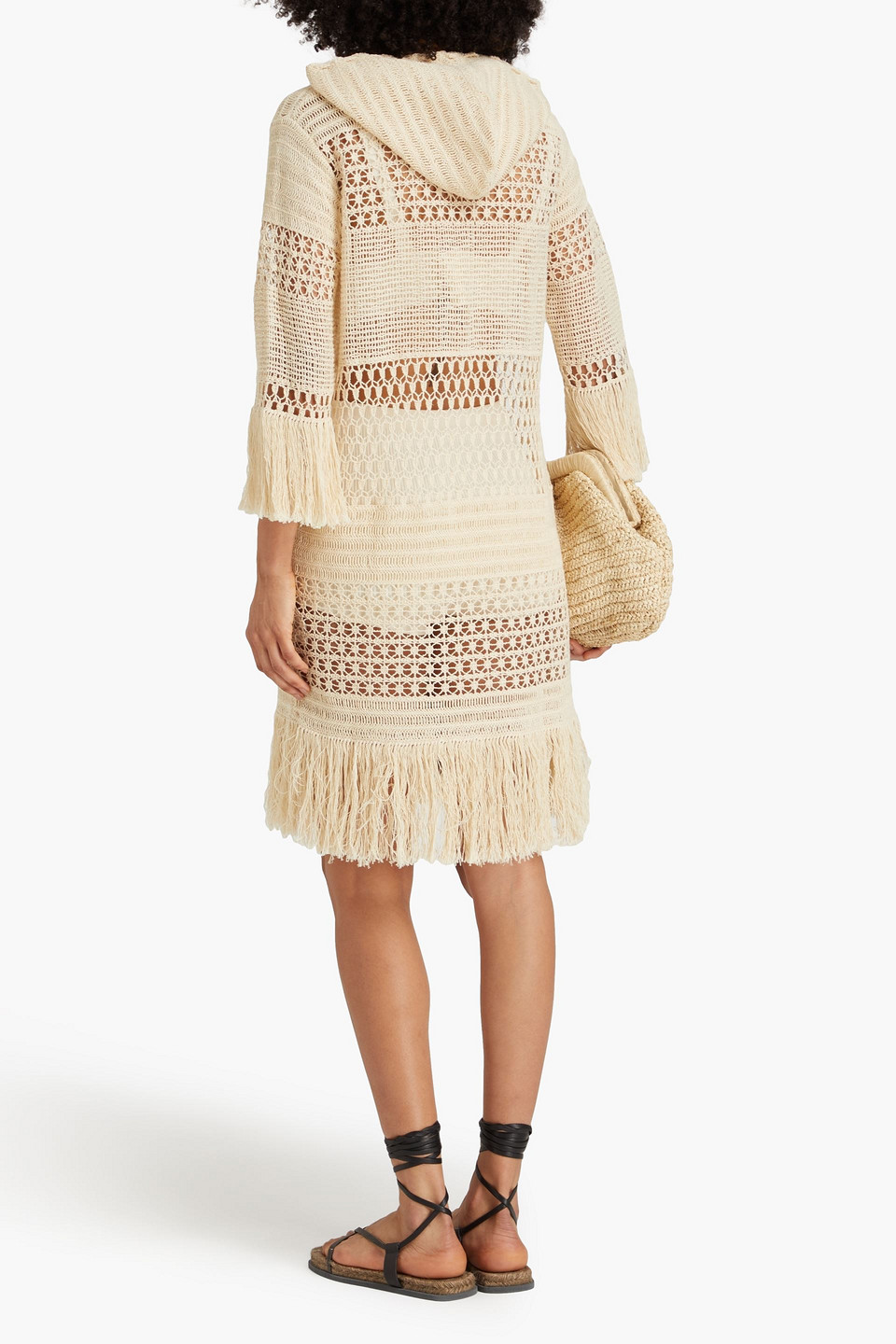 Shop Zimmermann Fringed Crocheted Cotton-blend Hooded Mini Dress In Cream