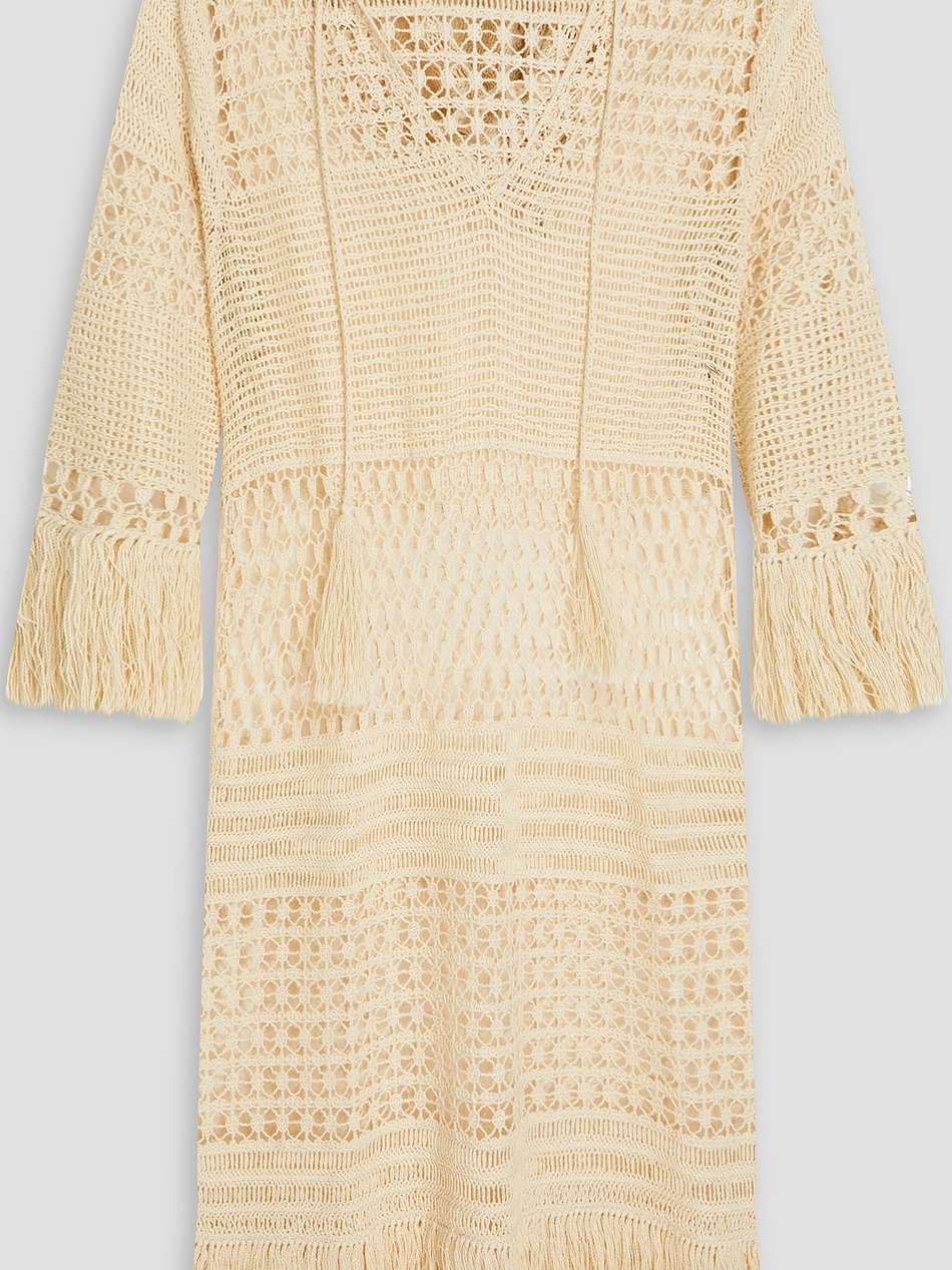 fringed crocheted cotton-blend hooded mini dress