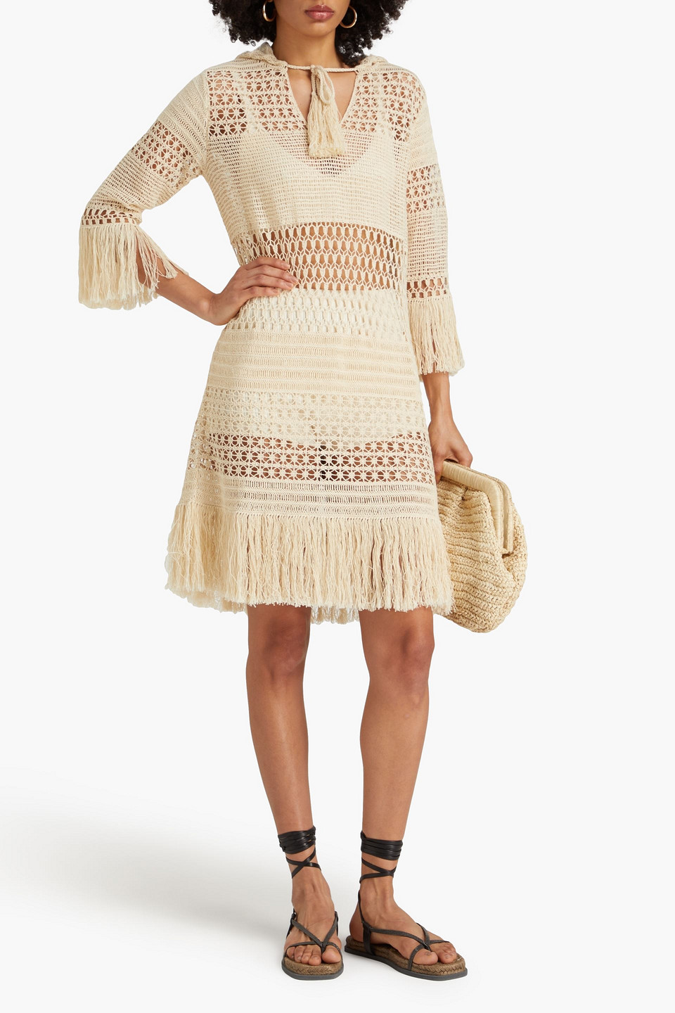 Shop Zimmermann Fringed Crocheted Cotton-blend Hooded Mini Dress In Cream