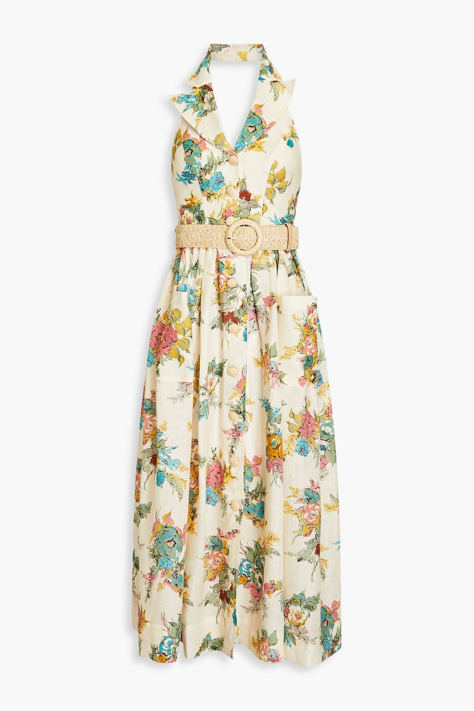 Zimmermann Belted Gathered Floral-print Linen Midi Shirt Dress In Cream