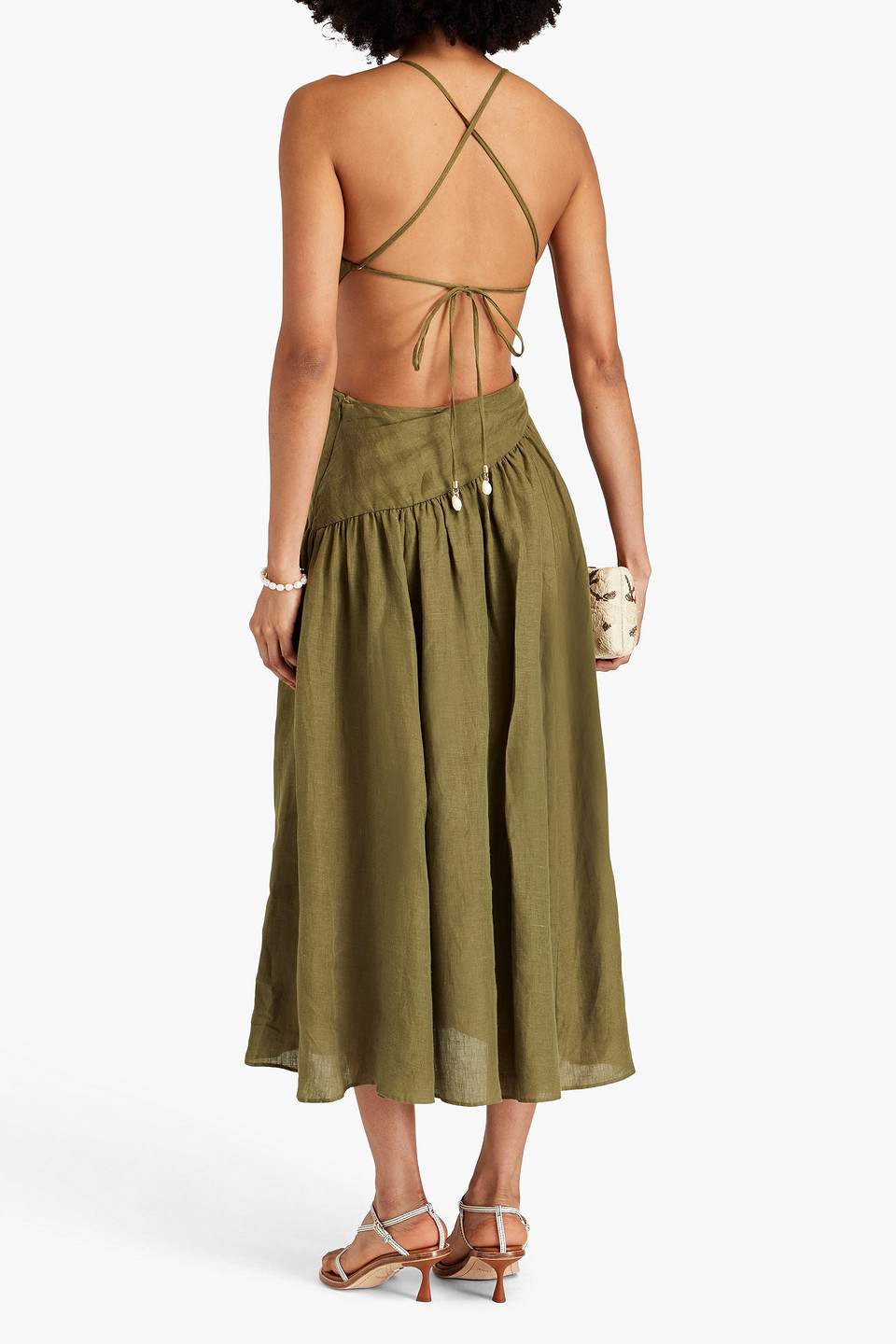 Shop Zimmermann Cutout Linen Midi Dress In Army Green