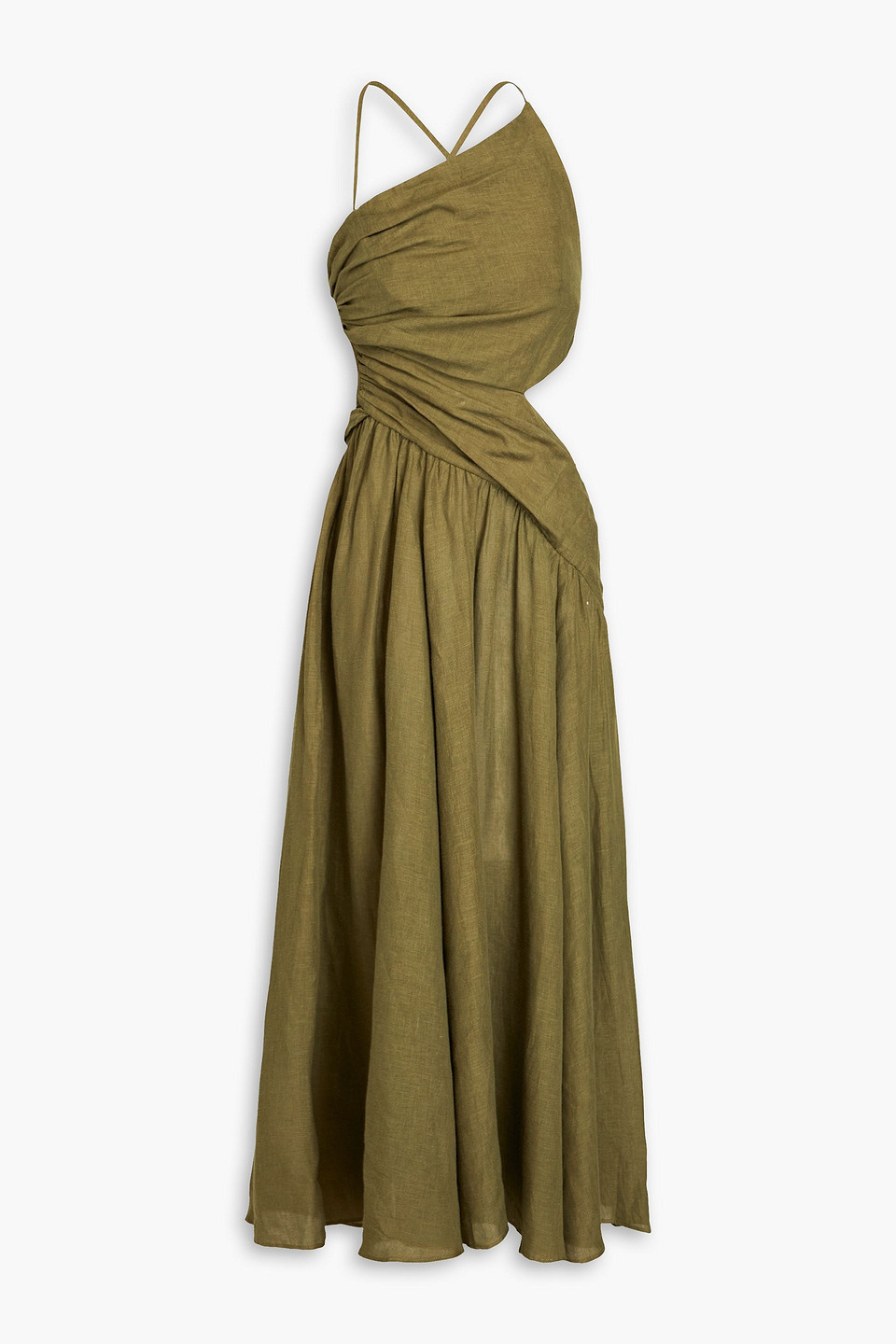 Zimmermann Women's Laurel Asymmetric Cut Out Ruched Sleeveless Midi Dress In Olive Green In Army Green