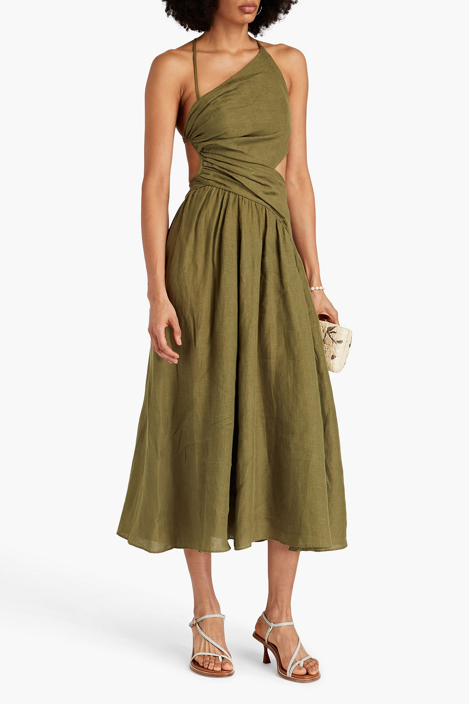 Zimmermann Women's Laurel Asymmetric Cut Out Ruched Sleeveless Midi Dress In Olive Green In Army Green
